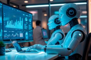 Two humanoid robots sit at desks working on laptops, with data and graphs displayed on large computer monitors in a modern office.