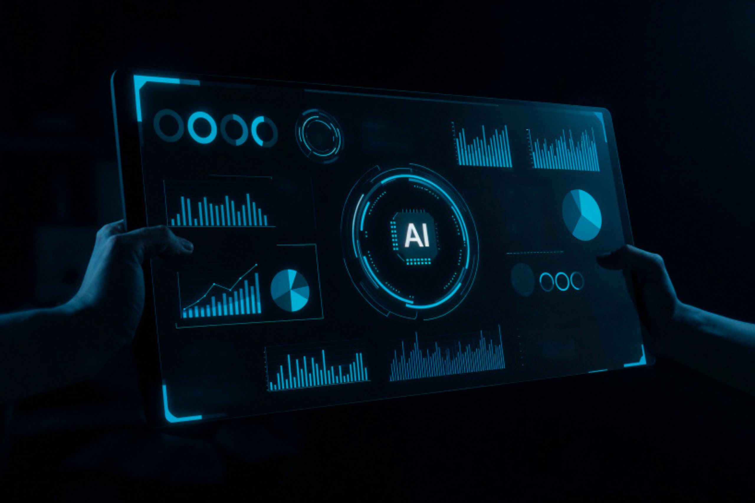 A futuristic transparent touchscreen display shows AI-related data visualizations, including charts, graphs, and a central "AI" graphic, against a dark background.