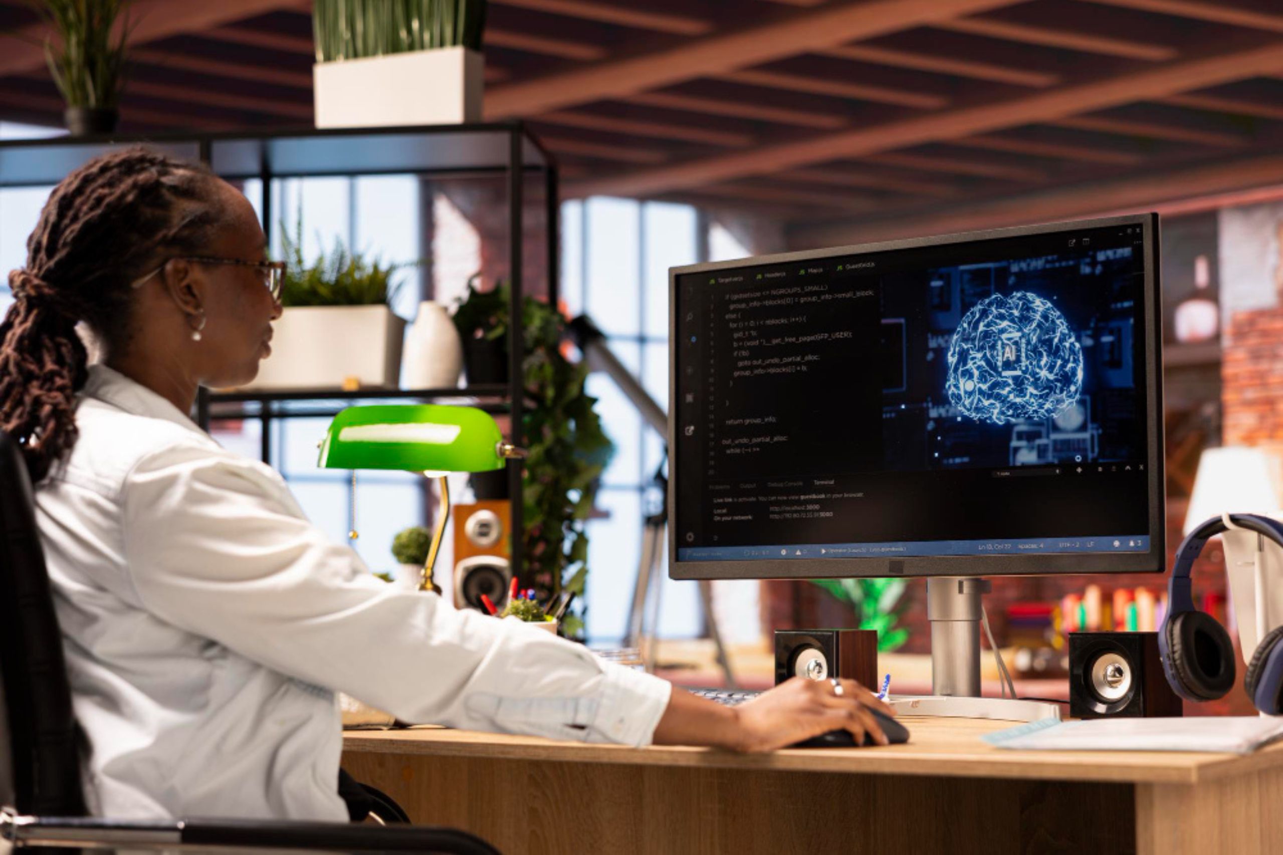 A man sitting at a desk looking at a computer screen.