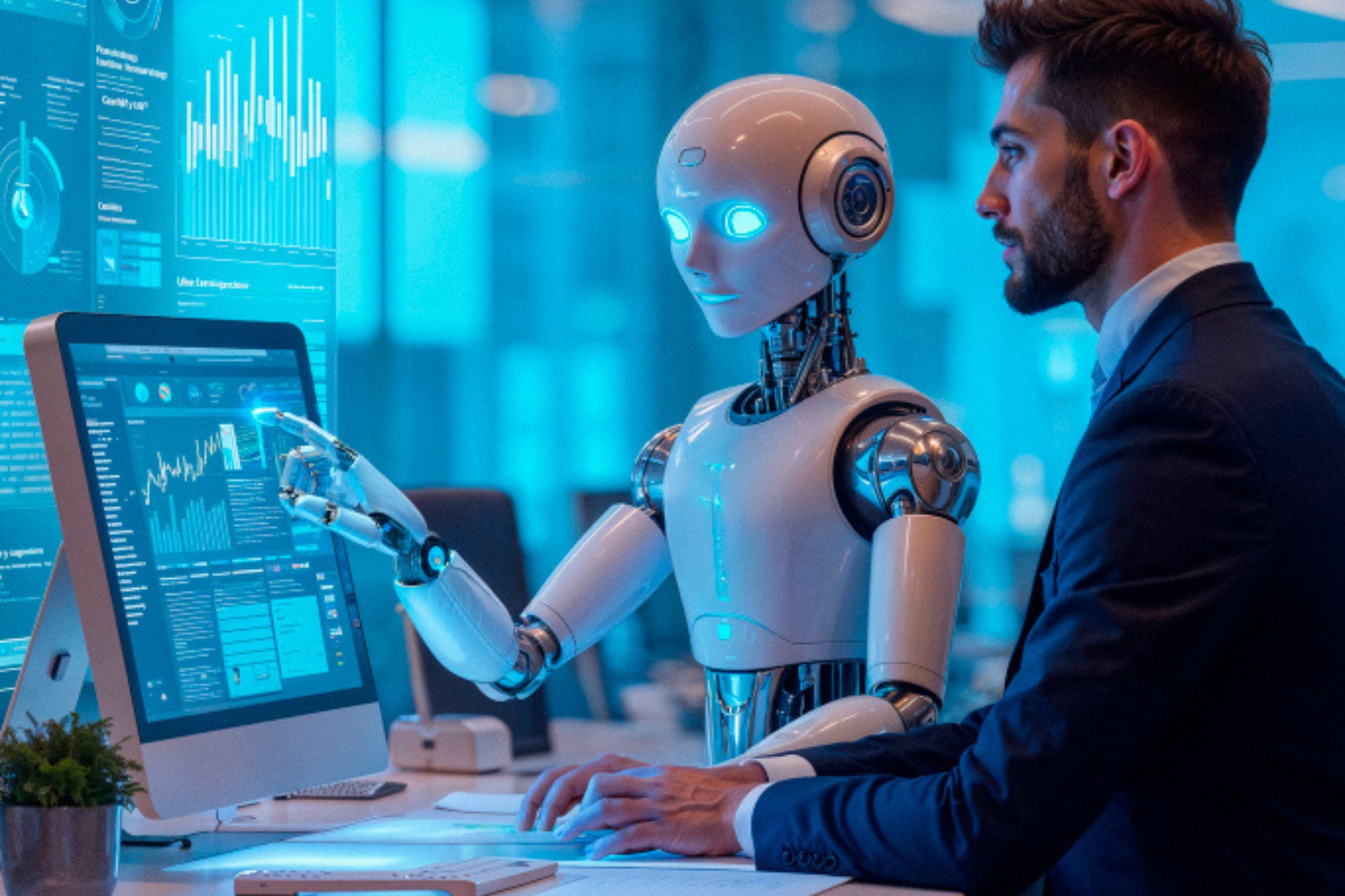 A humanoid robot and a man in business attire analyze data on computer screens in a modern office setting.
