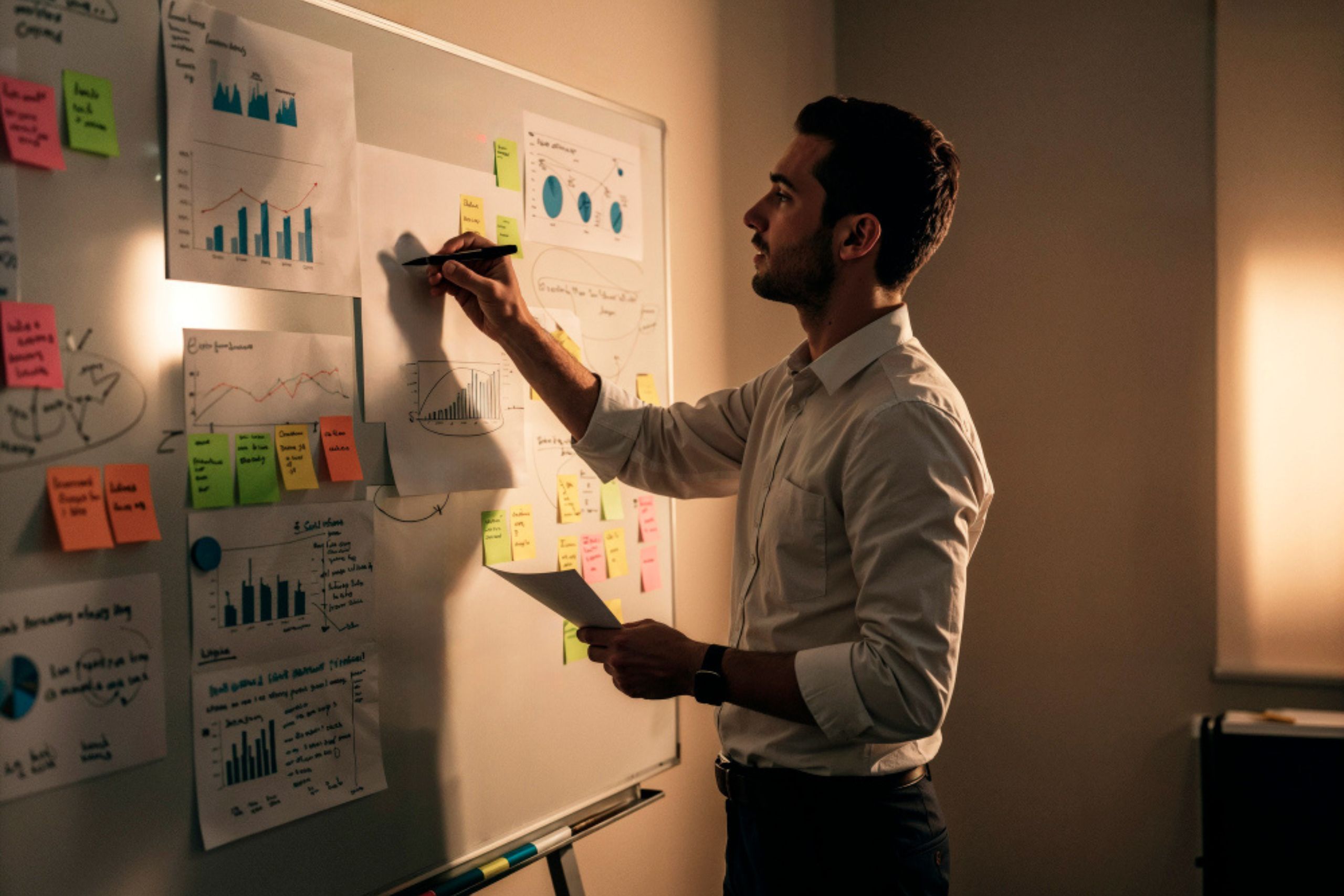 A man in a dress shirt analyzes graphs and charts on a whiteboard covered with papers and sticky notes in an office setting.