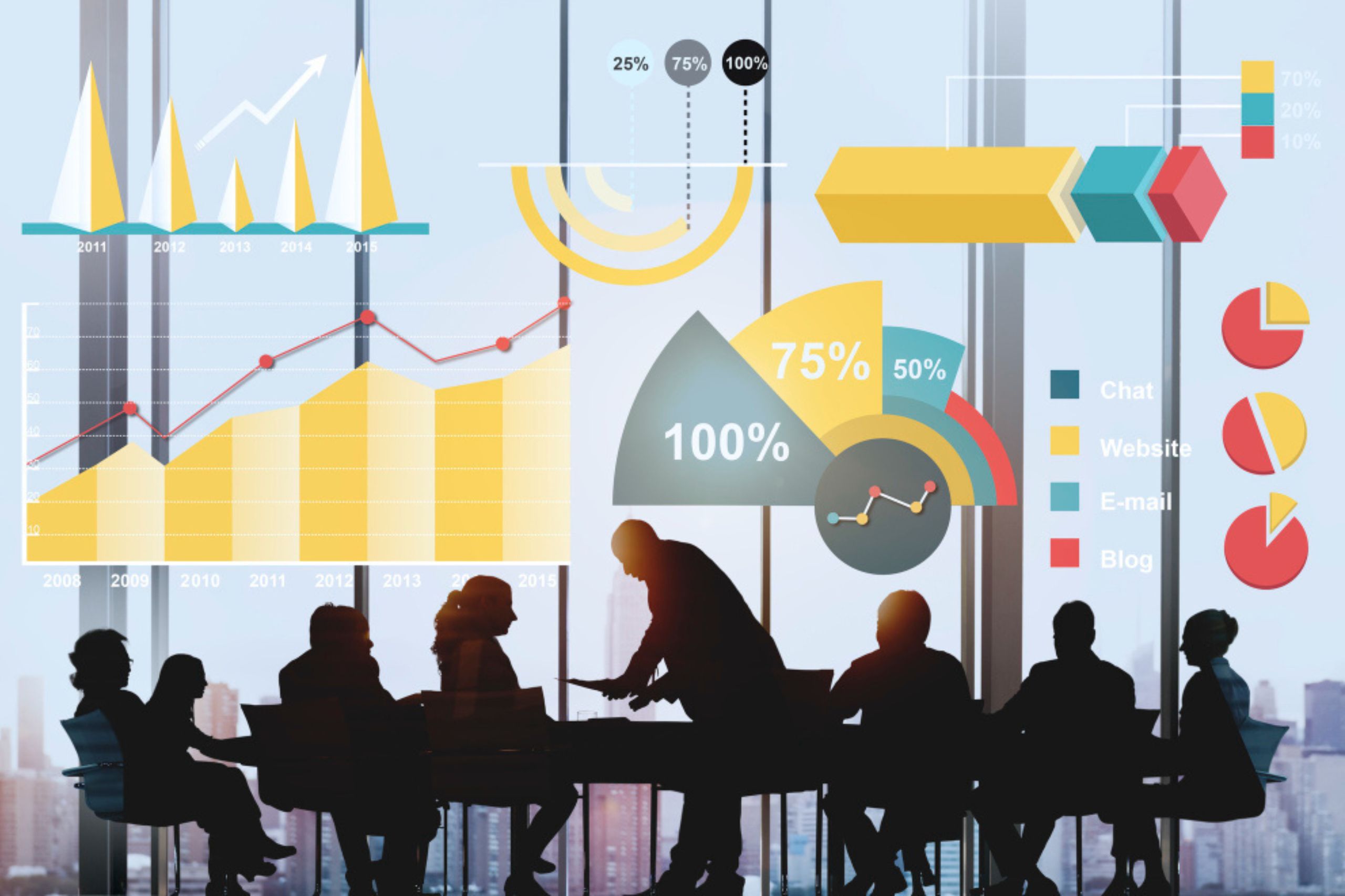 A group of people sit around a conference table in front of large windows, with various business charts and data visualizations overlaid.