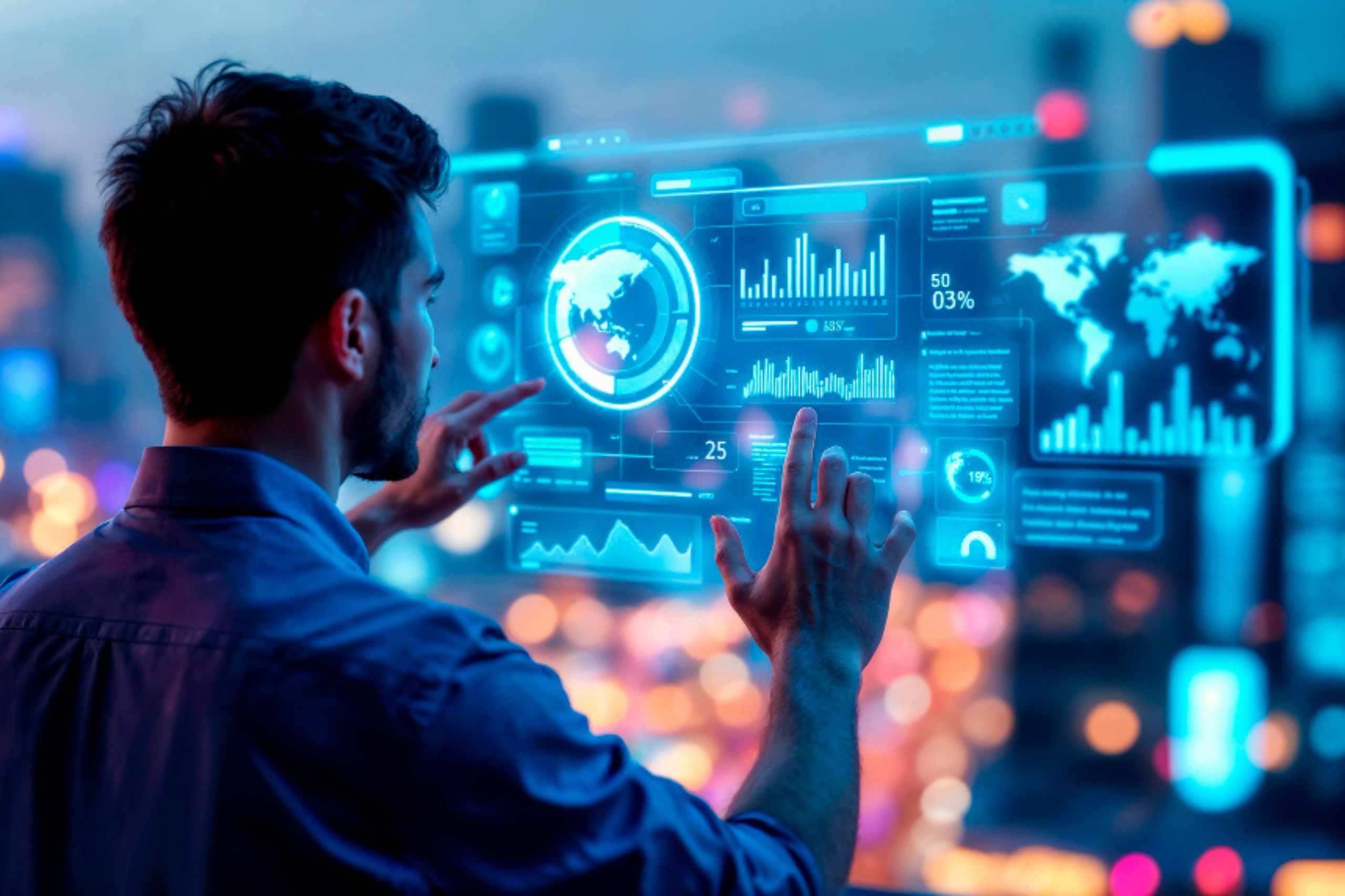 A man interacts with a large transparent digital interface displaying global maps, charts, and data visualizations against a blurred cityscape background.