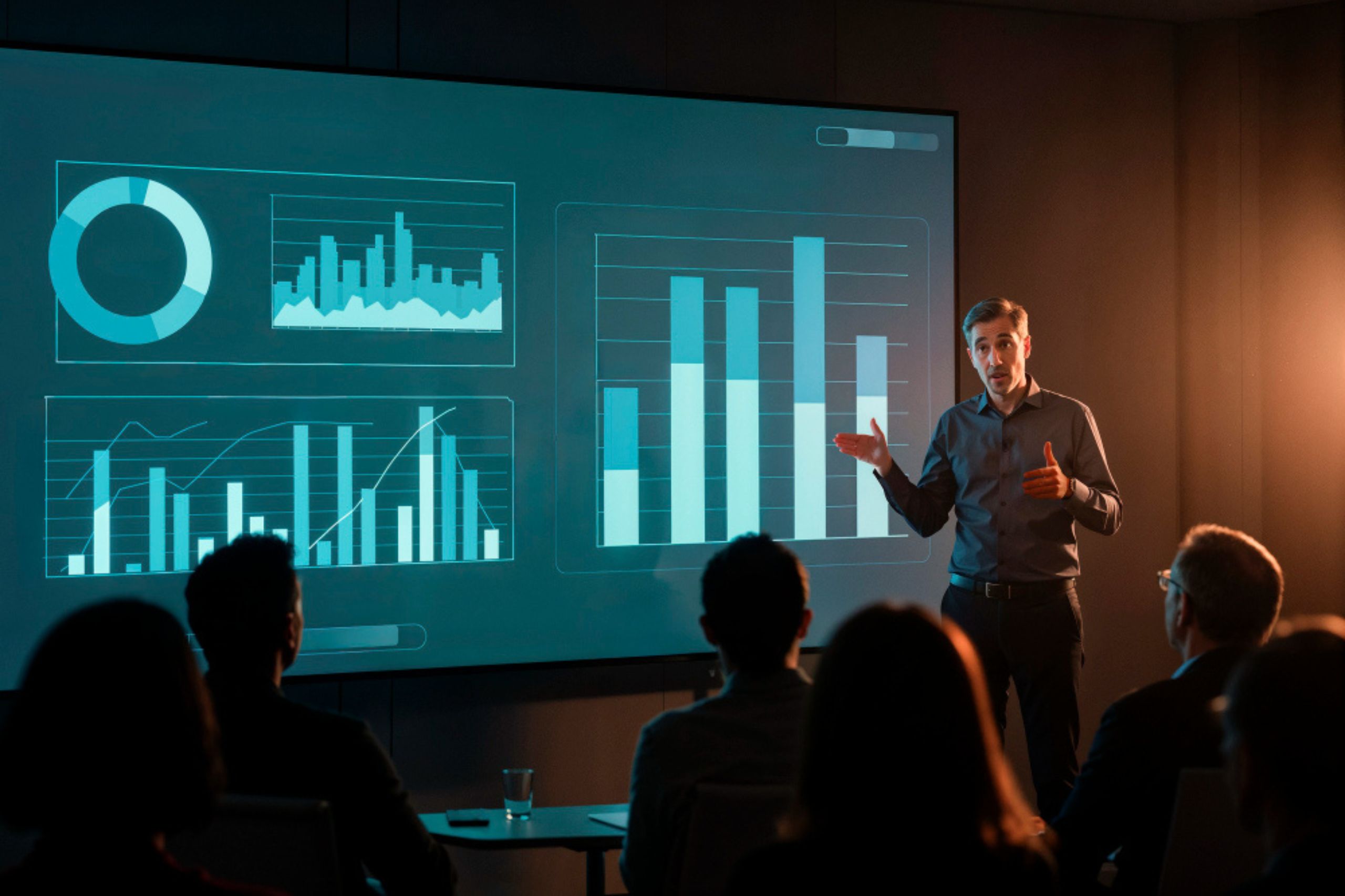 A man stands in front of a large screen displaying various bar and line graphs, presenting data to a seated audience in a dimly lit room.