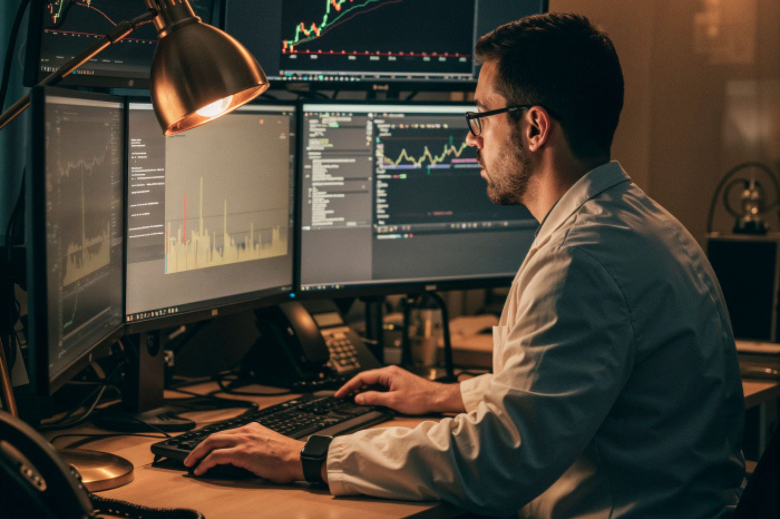 A person in a lab coat analyzes data on multiple computer monitors displaying charts and graphs at a desk in an office setting.