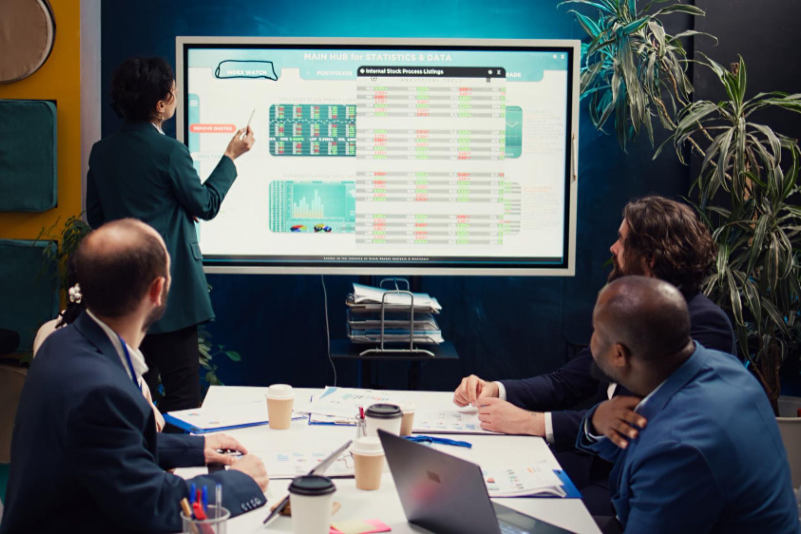 A person presents data on a large screen to three seated colleagues in a meeting room with laptops, papers, and coffee cups on the table.