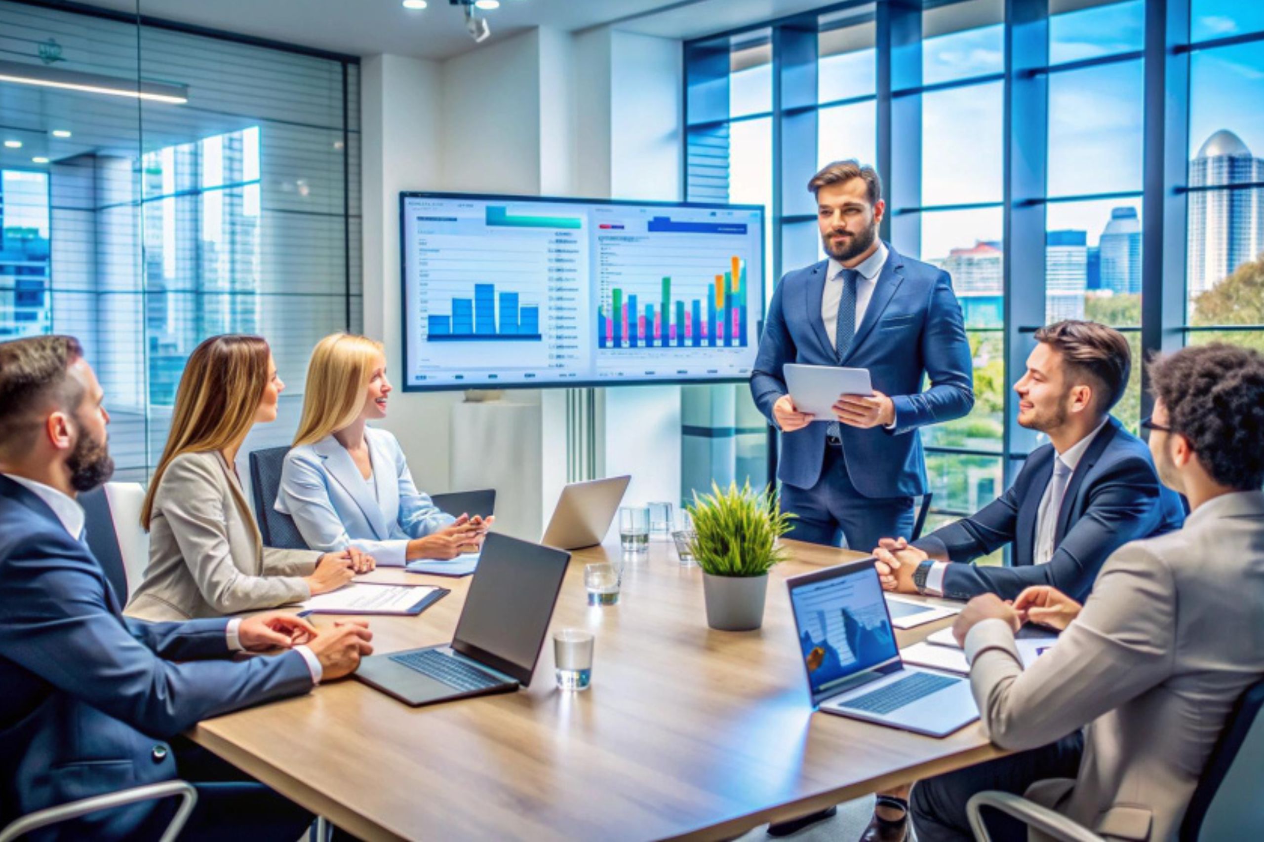 Six professionals in business attire sit around a conference table with laptops, while one person stands presenting charts on a large screen in a modern office.
