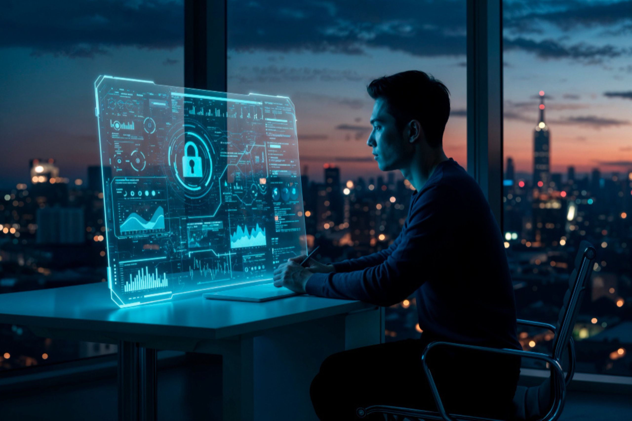 A man sits at a desk in a high-rise office at night, working on a laptop with a large transparent digital display showing cybersecurity data and graphs.
