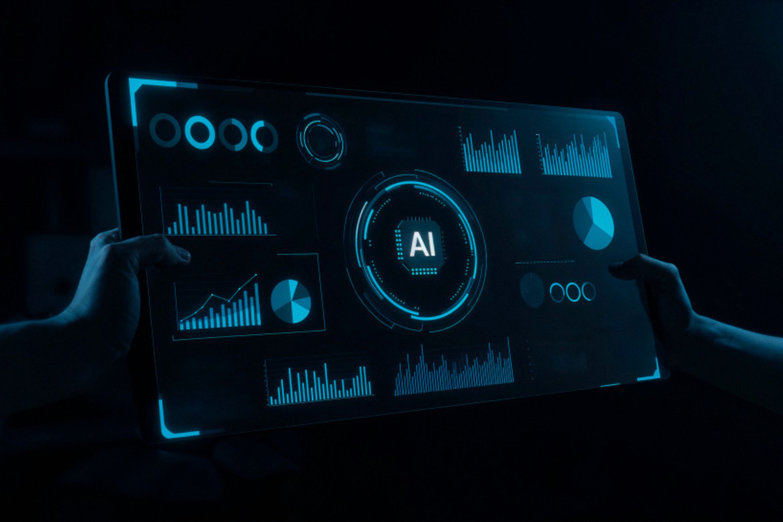 Hands hold a transparent digital screen displaying graphs, charts, and the letters "AI" at the center, representing artificial intelligence data analysis.