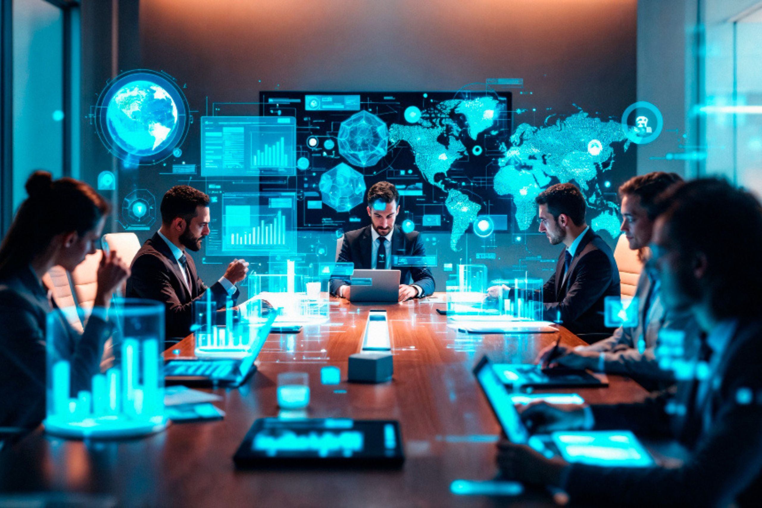 A group of business professionals in a conference room review data on digital screens and tablets, with virtual charts and a world map displayed behind them.