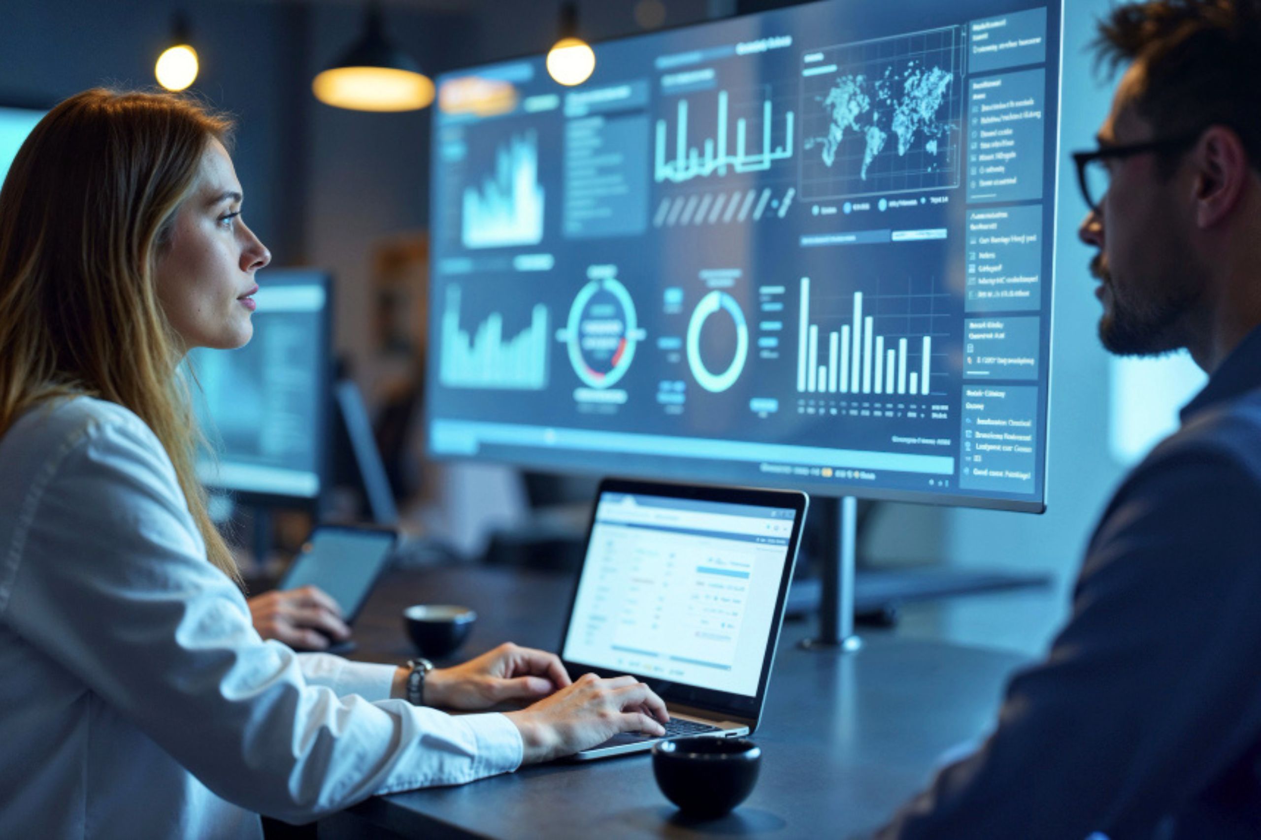Two people working at a desk with laptops, analyzing data displayed on large monitors showing charts, graphs, and maps in a modern office setting.