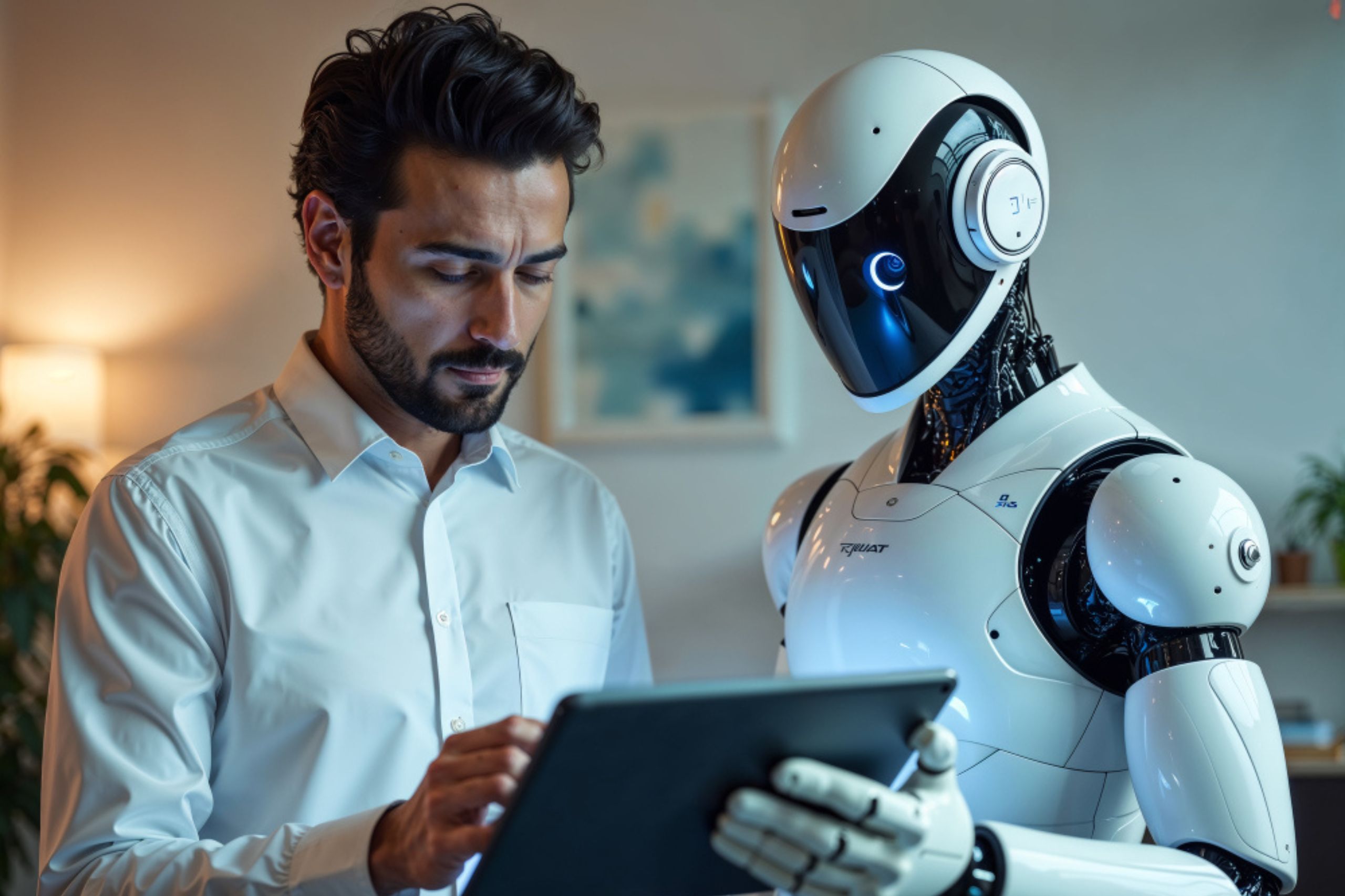 A man in a white shirt interacts with a humanoid robot, both focused on a digital tablet in a modern indoor setting.