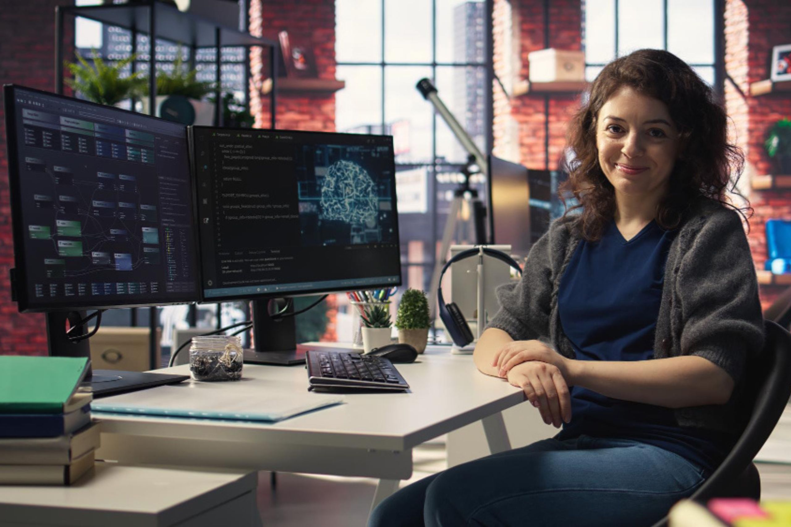 Woman sits at a desk with dual monitors displaying programming codes and a digital brain graphic in a modern office with large windows.