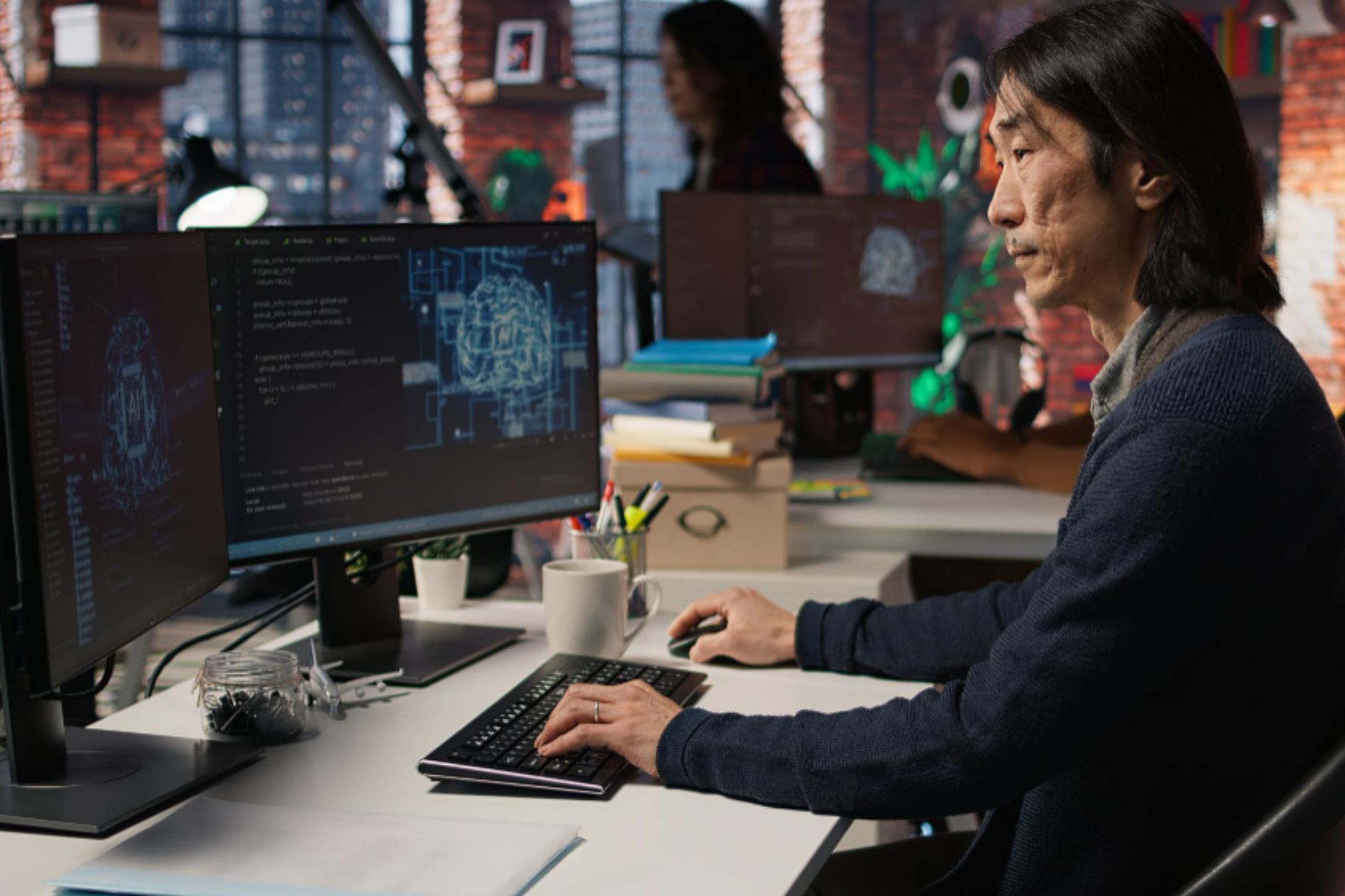 Person working at a desk with two monitors displaying code and a technical diagram in a modern office setting.