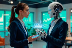 A woman in a suit interacts with a humanoid robot displaying a holographic city model between them in a modern office setting.