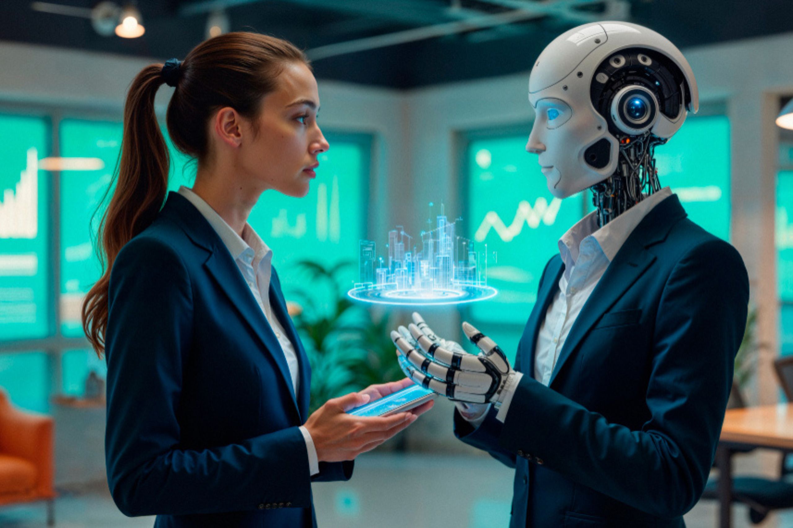 A woman in a suit interacts with a humanoid robot displaying a holographic city model between them in a modern office setting.