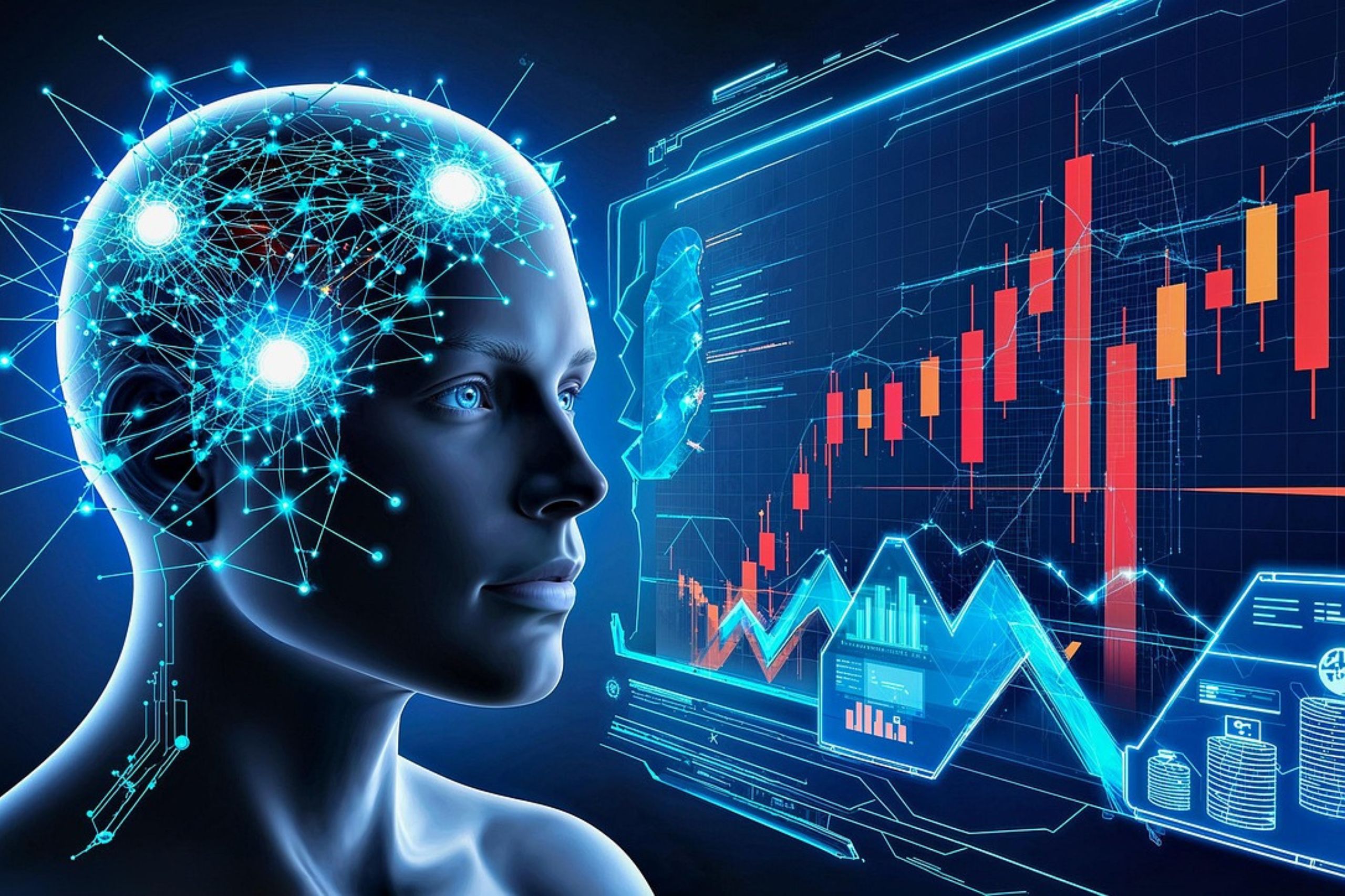 A digital human figure with a glowing neural network in the head is shown next to futuristic data charts and graphs on a transparent screen.