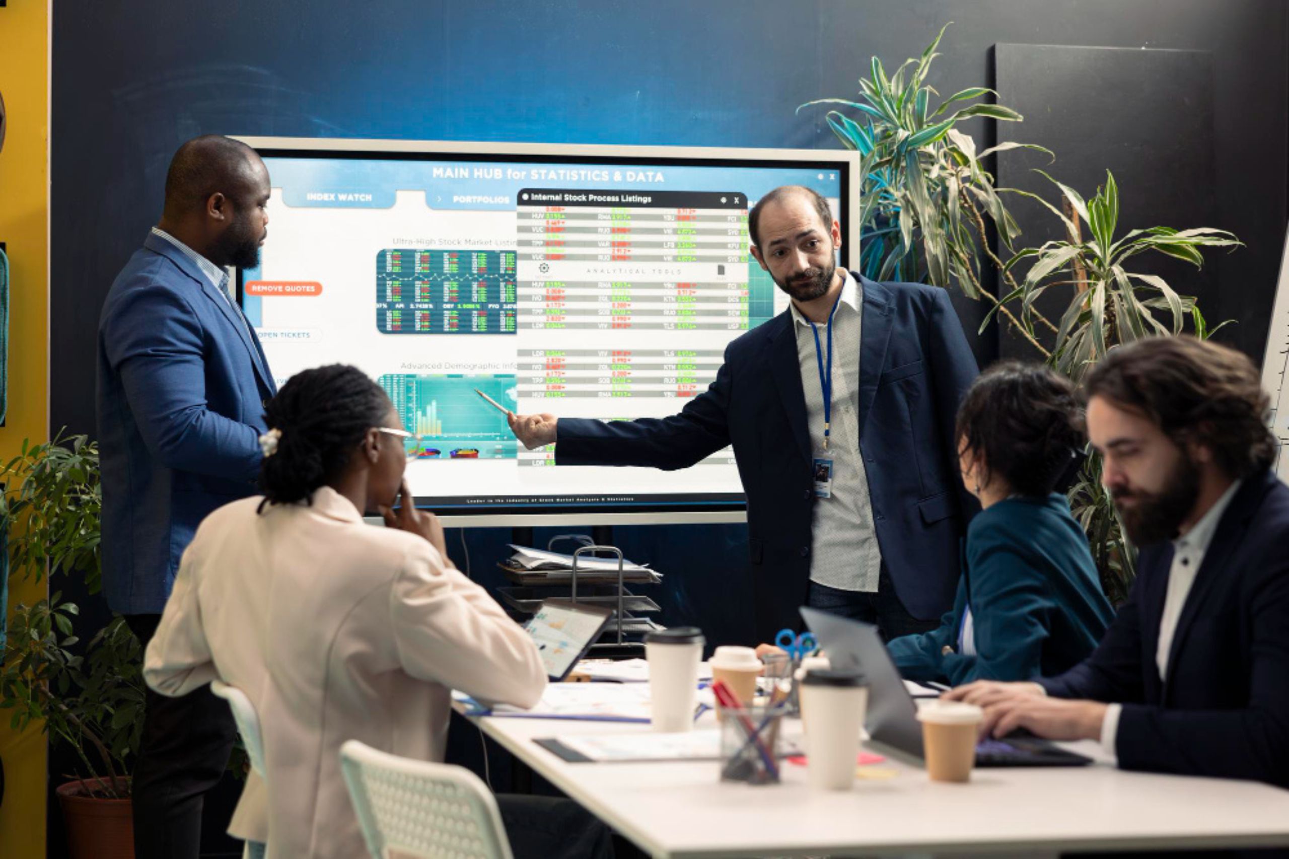 Five people in business attire are in a meeting room. Two men stand by a screen displaying charts and data, while three colleagues sit at a table with laptops and papers.