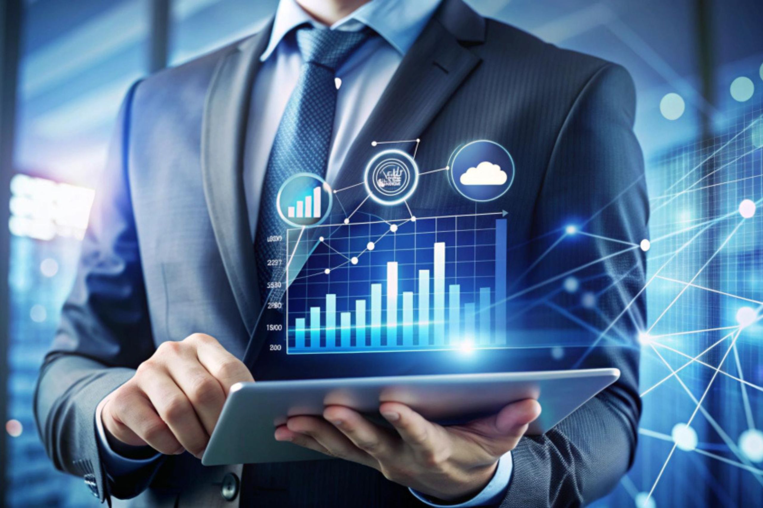 A person in a suit uses a tablet displaying digital graphs and data icons, symbolizing business analytics and technology integration.