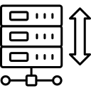 Black and white line icon of three stacked server units connected by a network line, with a vertical double-headed arrow on the right side.