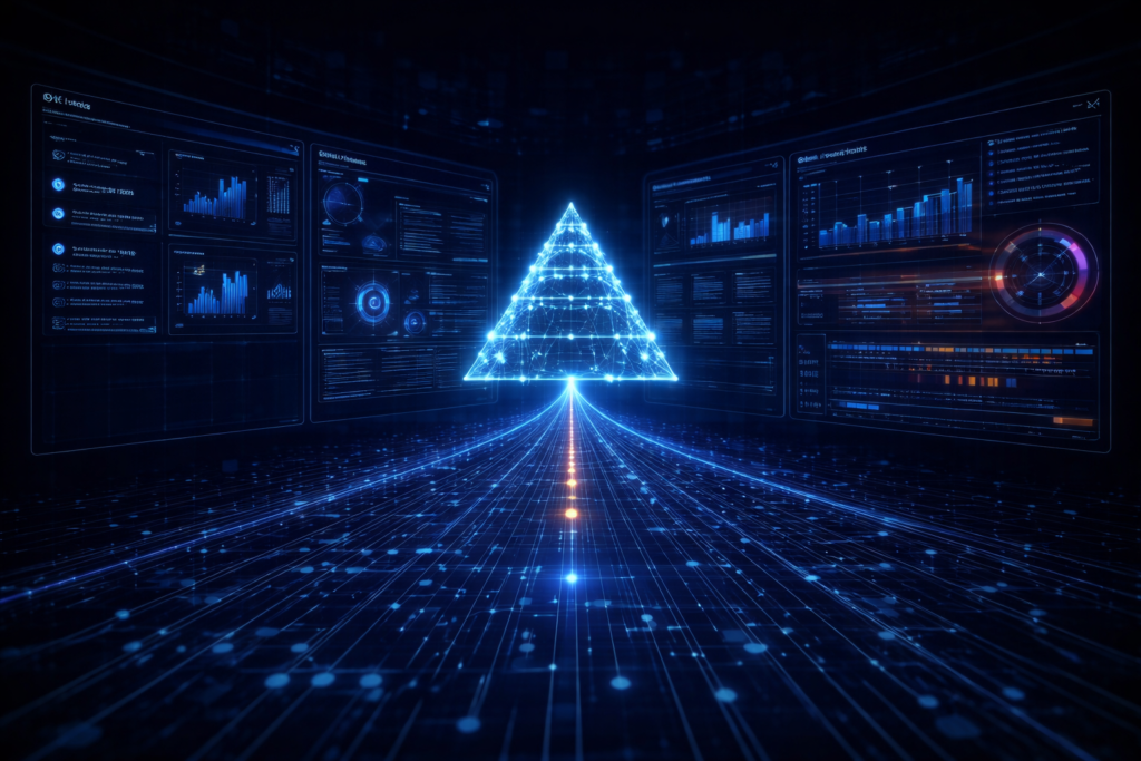 A glowing digital pyramid stands in the center, surrounded by futuristic data charts and graphs on large display screens in a dark, high-tech environment.