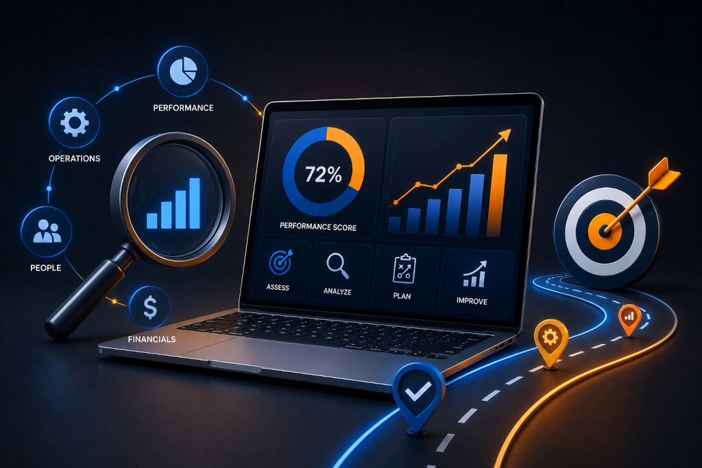 A laptop displays analytics charts and a 72% performance score, surrounded by icons for operations, people, financials, a magnifying glass, and a target along a glowing path.