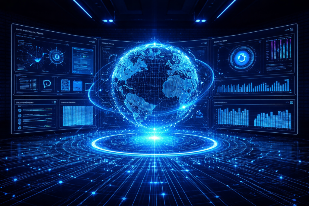 A glowing digital globe surrounded by holographic data screens displaying graphs, charts, and information in a futuristic, high-tech environment.