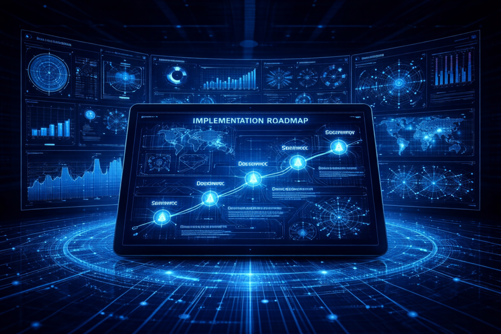A digital tablet displays an implementation roadmap with connected milestones, surrounded by futuristic data charts and graphs on multiple screens.
