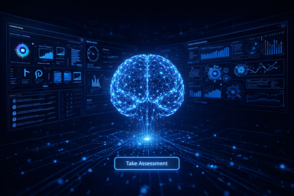 A digital brain made of blue glowing lines is displayed in the center, with data charts in the background and a "Take Assessment" button below.