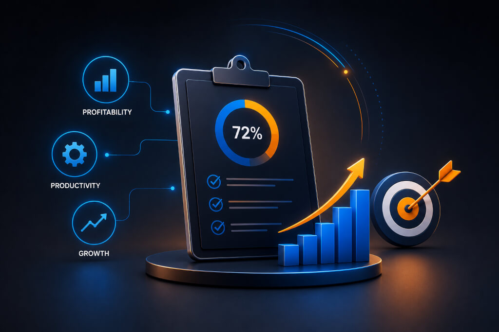 3D illustration of a clipboard showing 72%, bar graph, arrow, and target icon, with labeled icons for profitability, productivity, and growth against a dark background.