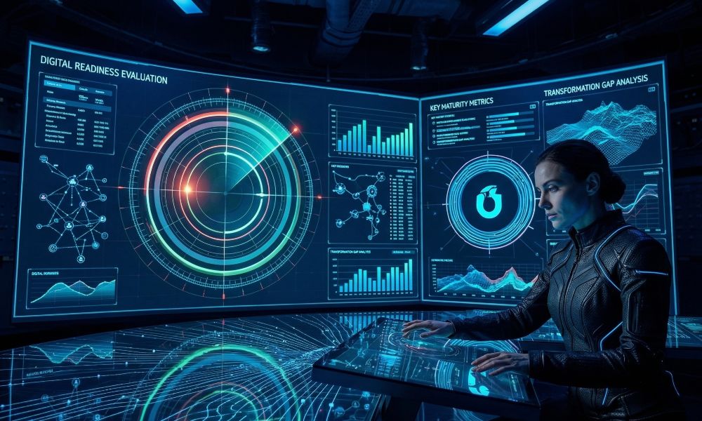 A woman in a futuristic control room operates a touch interface, surrounded by large digital screens displaying graphs, charts, and data analyses.