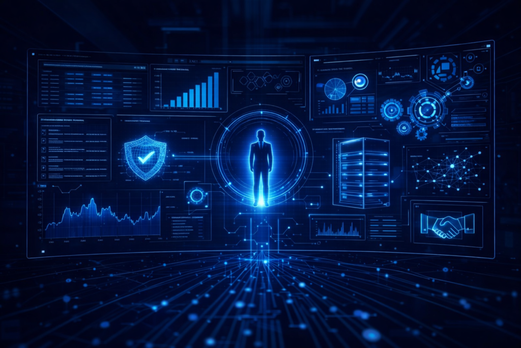 A digital interface displays data charts, security icons, server images, and a human figure, representing cybersecurity and data analysis in a futuristic, blue-themed environment.