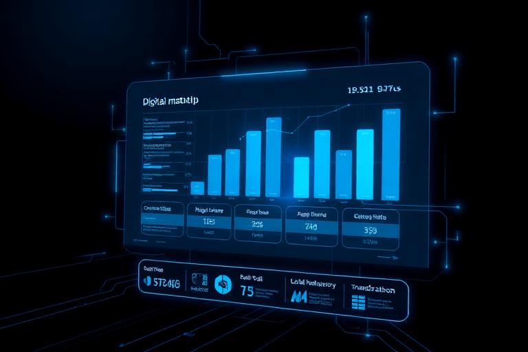 A digital dashboard displays bar charts, graphs, and data metrics on a dark blue, futuristic interface.