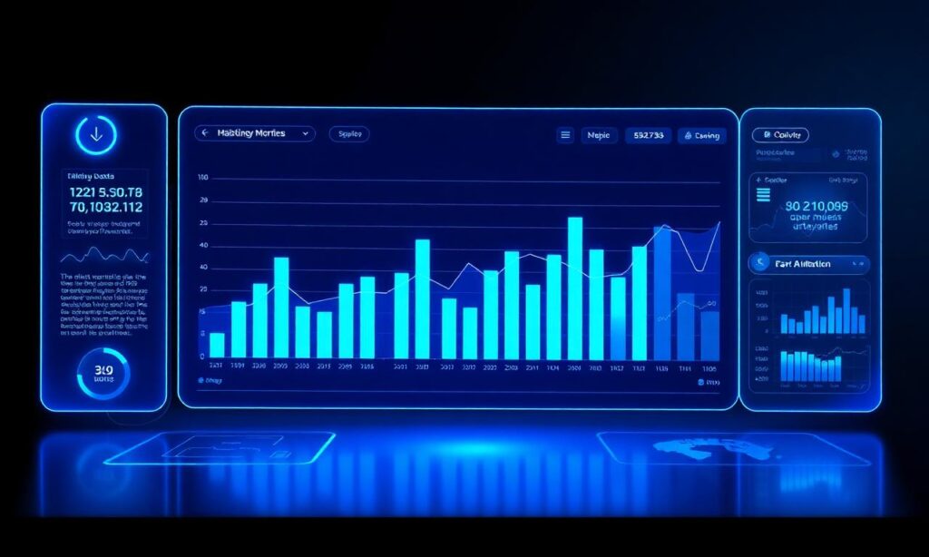 Futuristic digital dashboard displaying bar and line graphs, statistics, and metrics on data usage, performance, and quality in blue tones.