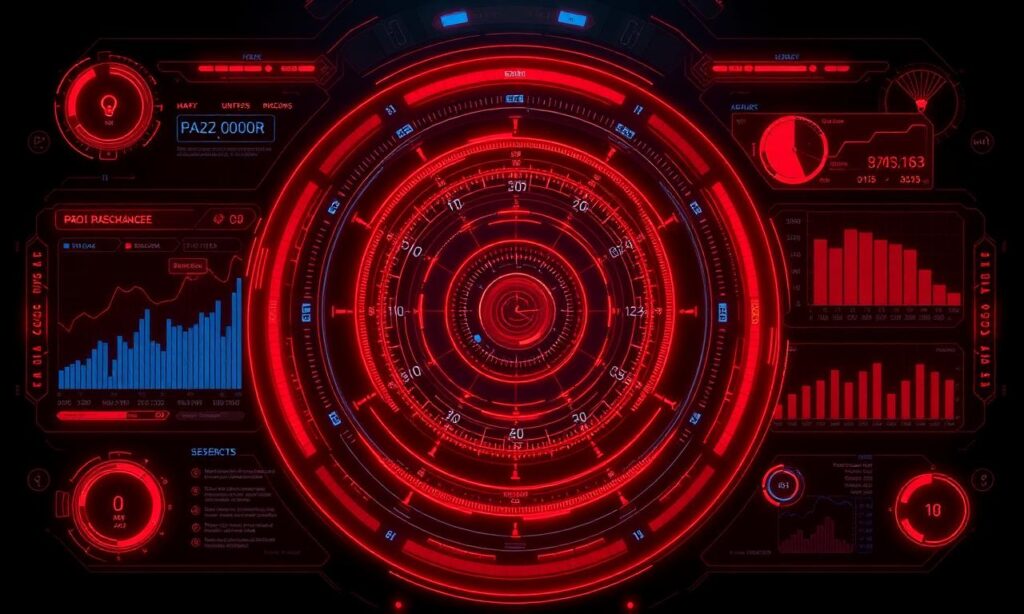 Futuristic red digital HUD interface with concentric circles and various data graphs, charts, and gauges displayed on a dark background.