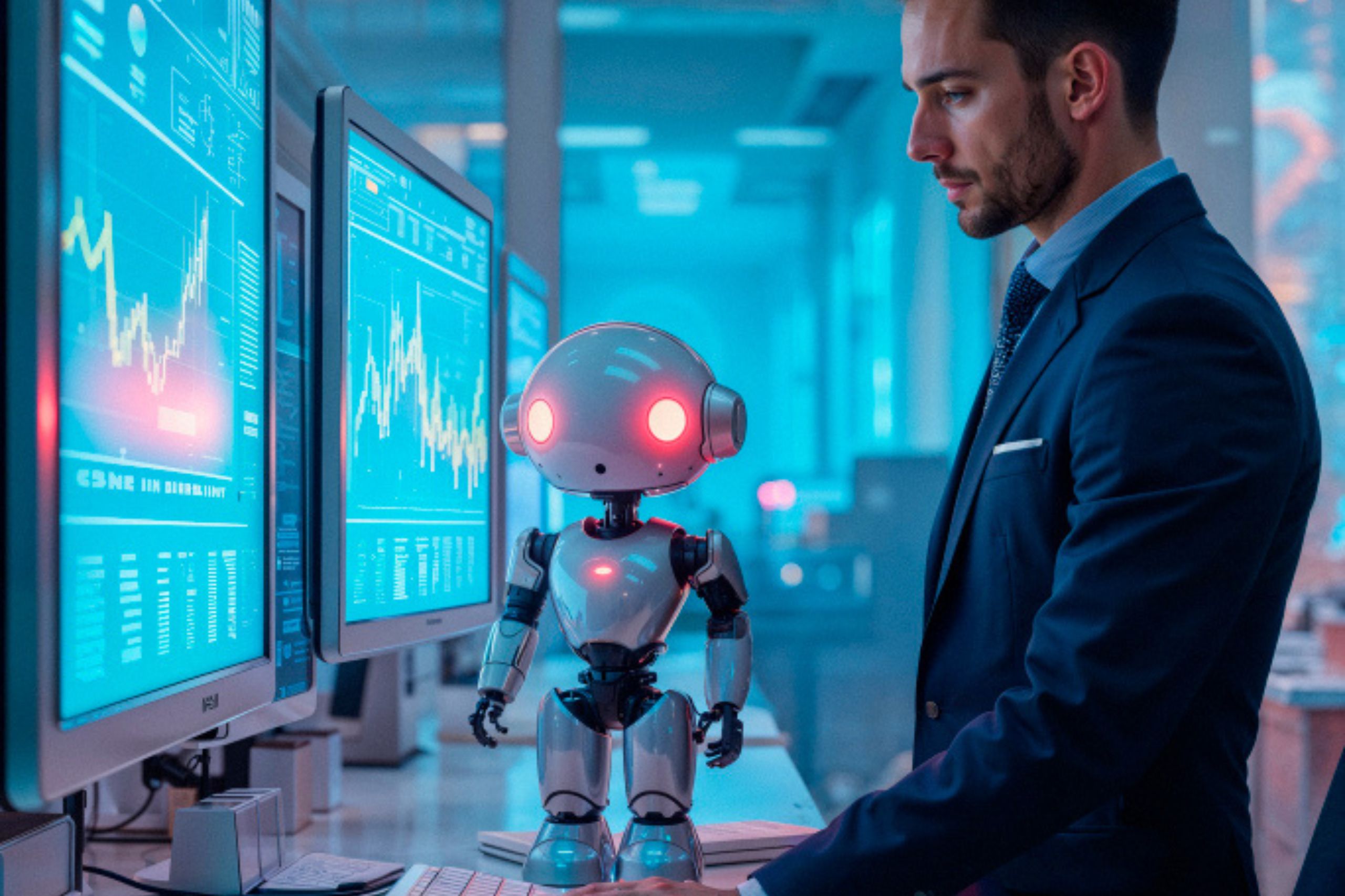 A man in a suit stands beside a small robot with glowing eyes, both facing large computer monitors displaying data and charts in a technology-focused office setting.