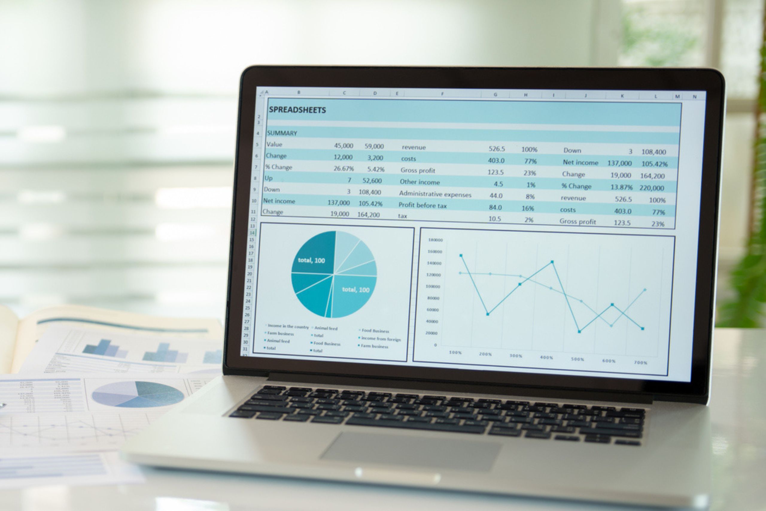 A laptop screen displays spreadsheets with tables, a pie chart, and a line graph showing financial data—powerful tools used to measure business performance and gain valuable insights.
