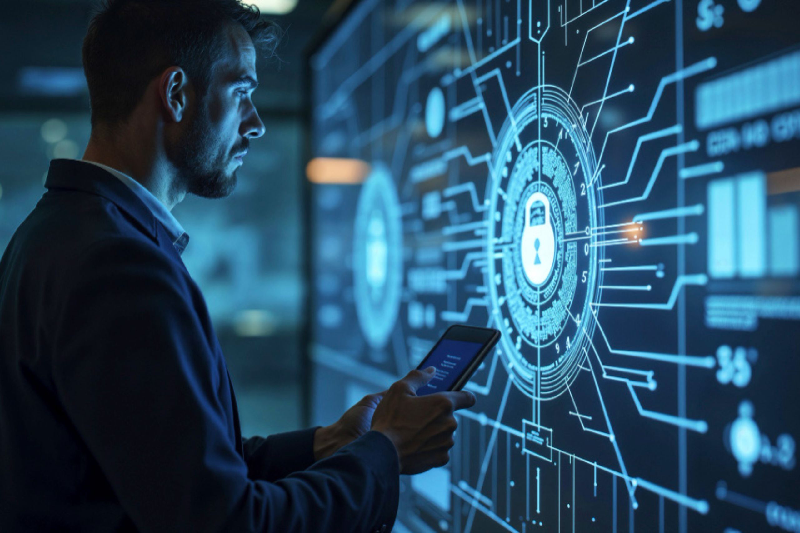 A man in a suit uses a tablet in front of a large digital screen displaying cybersecurity graphics with a central padlock icon, exemplifying technology leadership & AI as he navigates responsible AI adoption in securing digital environments.