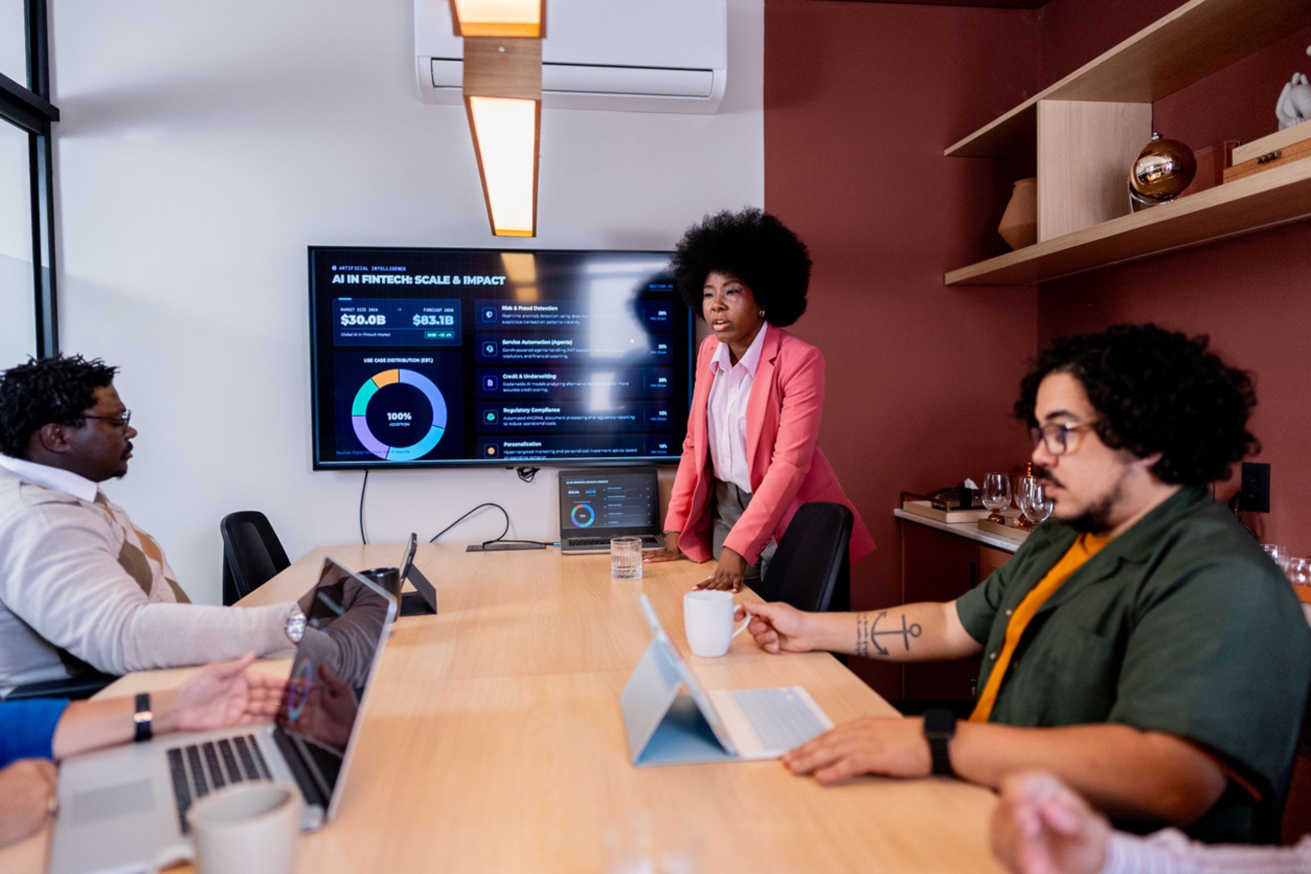 Four people in a conference room, one standing and presenting data on a large screen while the others sit at the table with laptops and tablets, collaboratively discussing their organization’s AI readiness assessment as part of developing an effective AI strategy.