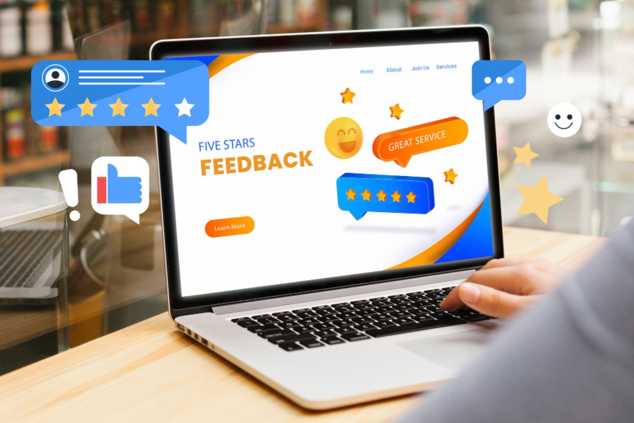 Person using a laptop displaying a feedback page with five-star ratings, emojis, and positive review icons on the screen—showcasing how an effective AI strategy for business growth can enhance customer satisfaction and foster ai competitive advantage.