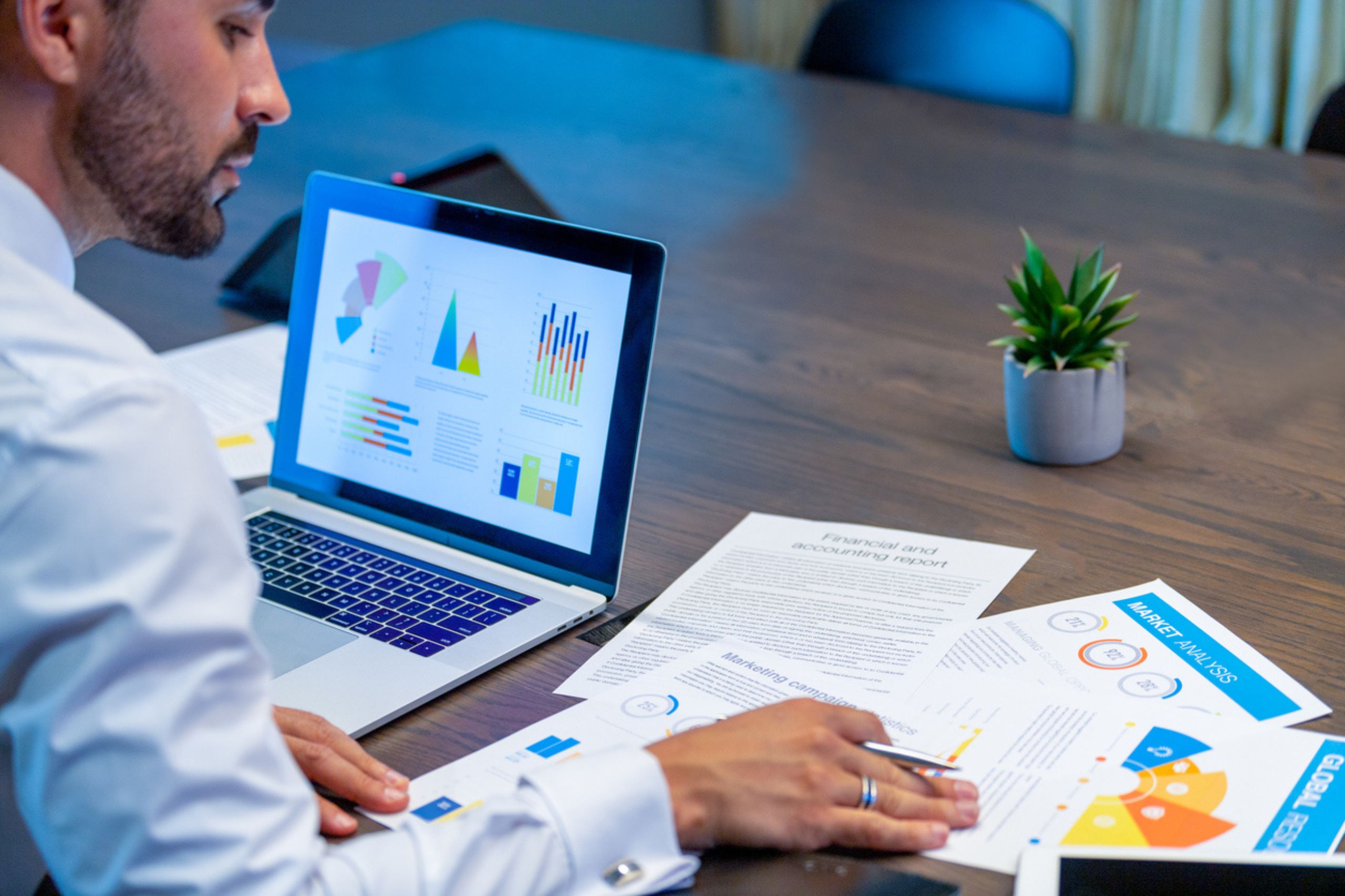 A person reviews printed business reports and charts at a desk, conducting a business performance assessment, with a laptop displaying graphs and a small potted plant nearby.