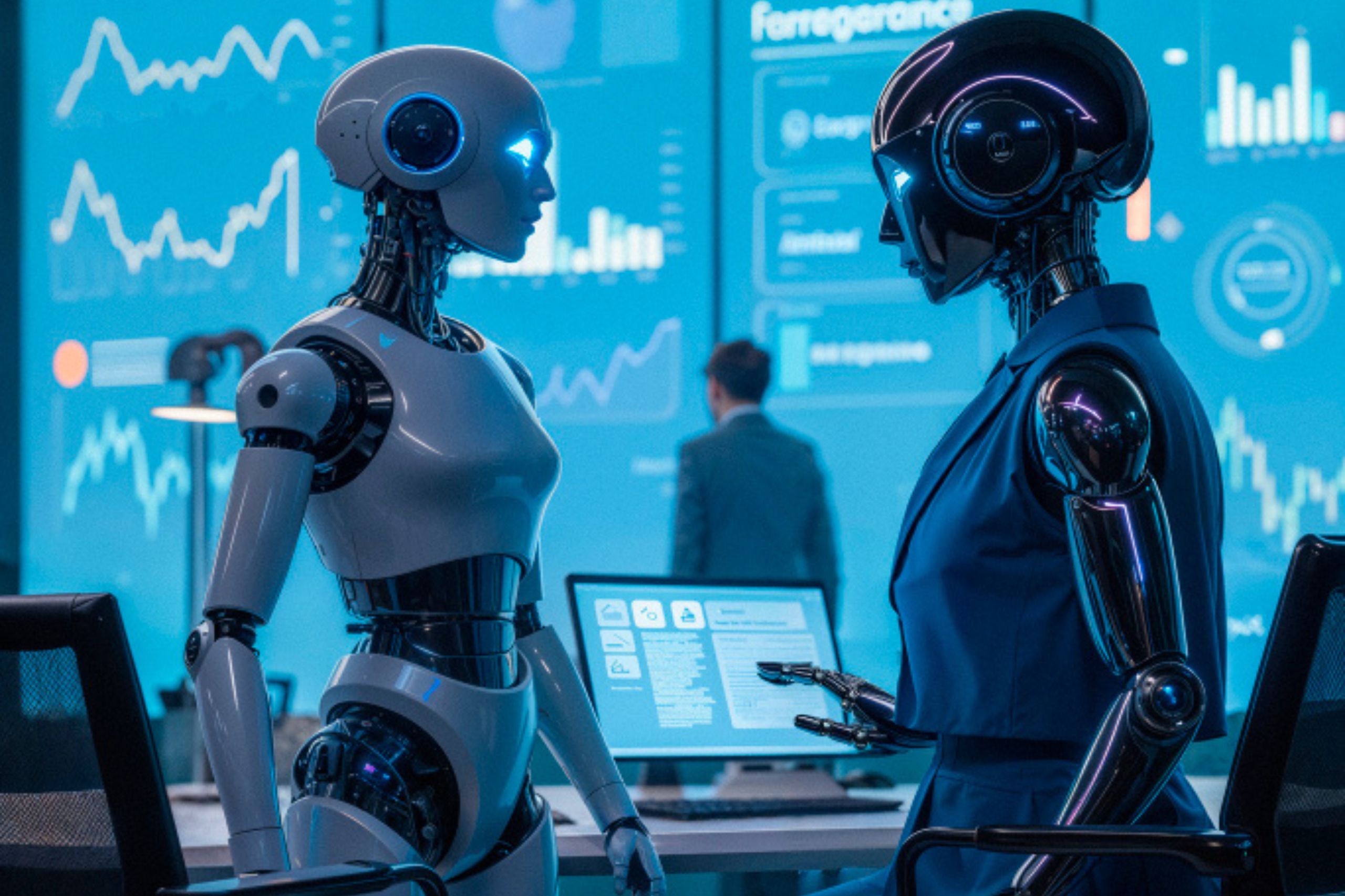 Two humanoid robots stand near a desk with computer screens in a data-filled office, illustrating how implementing an AI strategy for business growth can reshape modern workplaces, while a person works in the background.