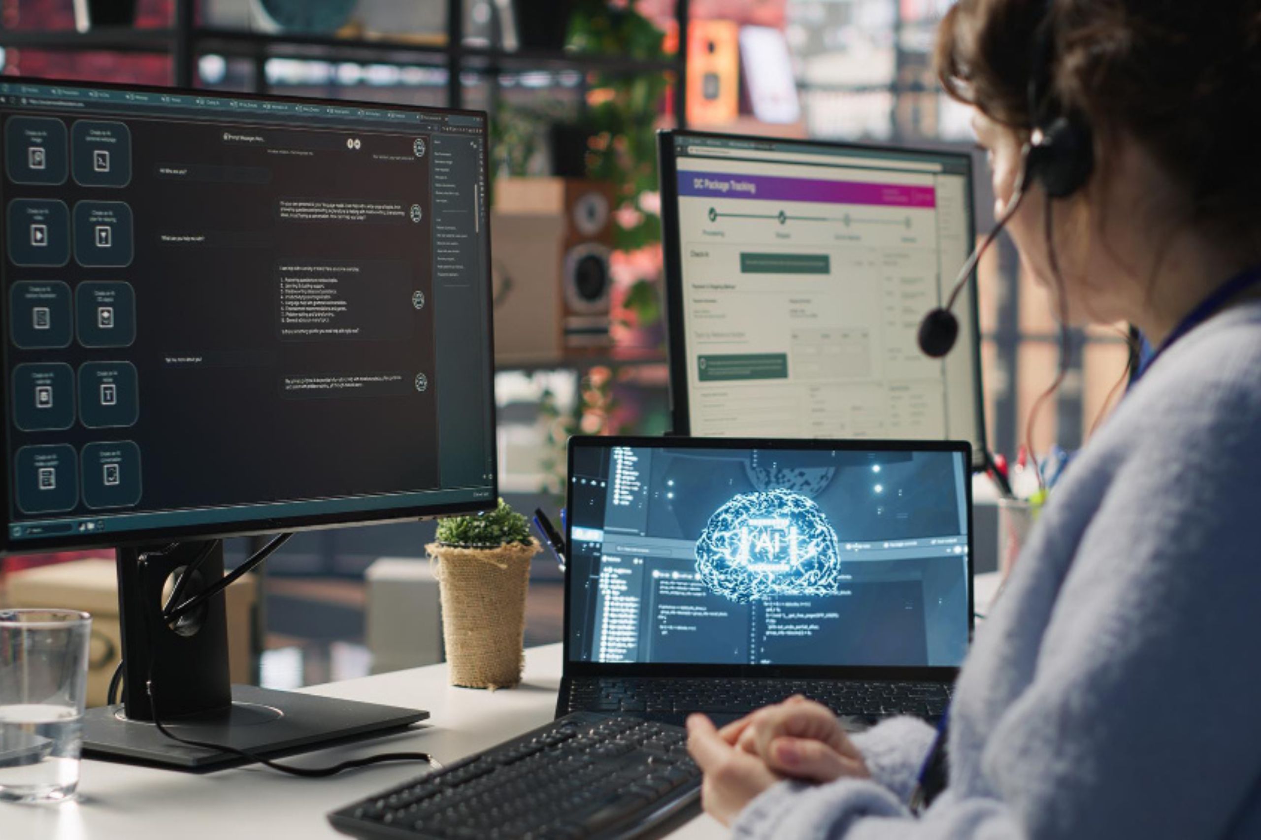 A person wearing a headset sits at a desk with two monitors and a laptop displaying code and AI graphics in a modern office setting, embodying technology leadership and driving digital transformation for SMEs.