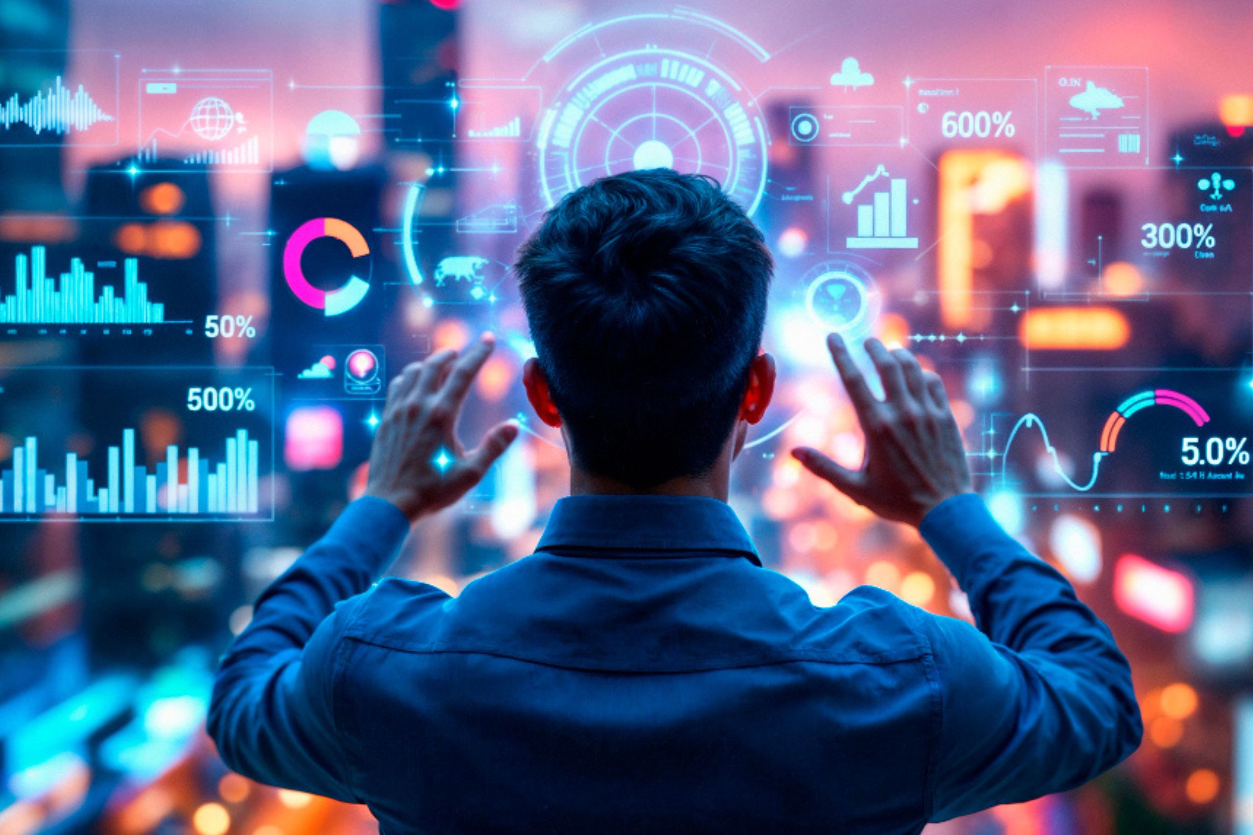 A person faces a transparent digital screen displaying data charts, graphs, and statistics over a blurred cityscape at night—carefully mapping out an AI roadmap as part of their dynamic ai strategy.