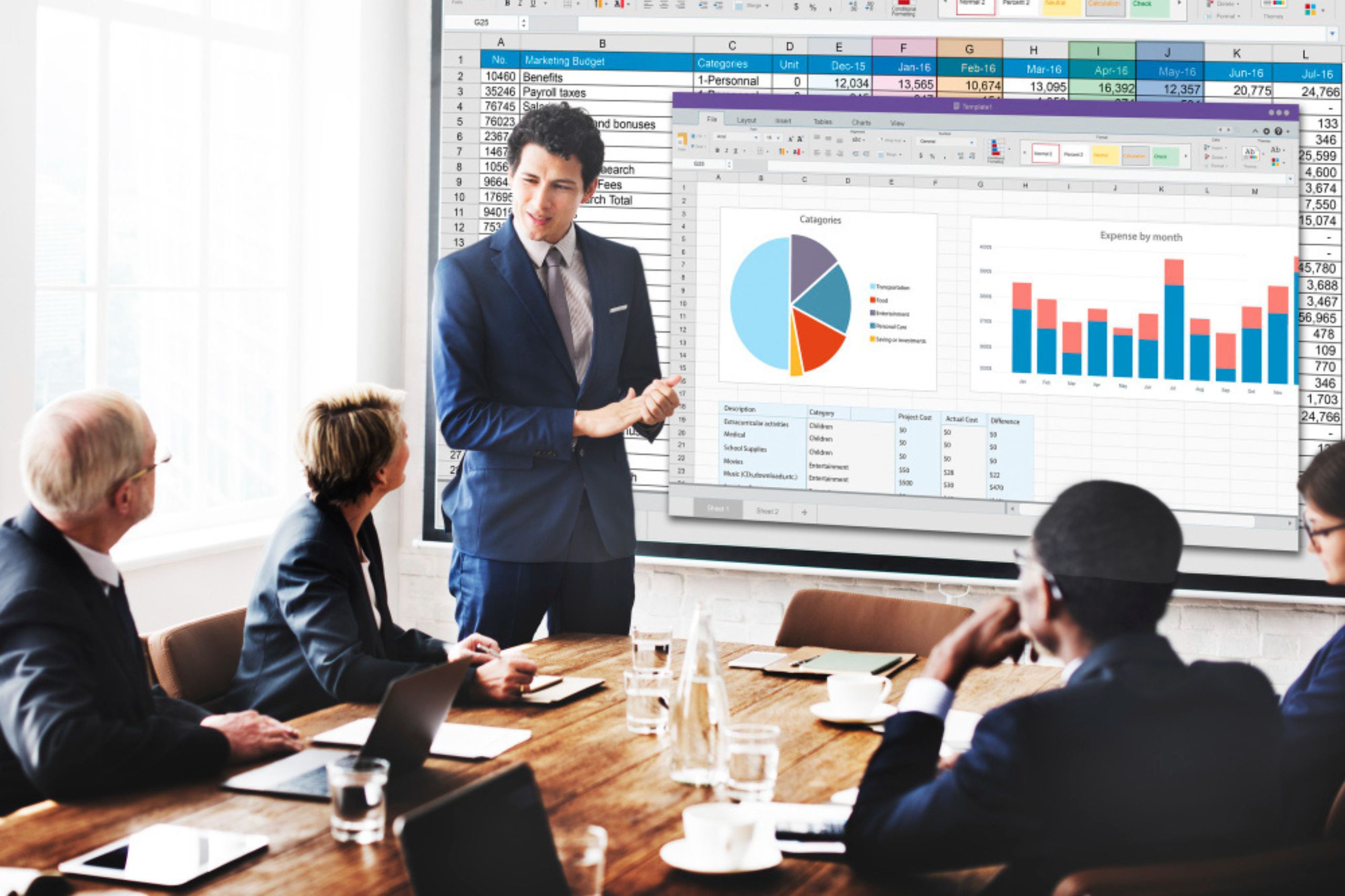 A man in a suit presents charts and spreadsheets to four colleagues seated at a conference table with laptops during a business meeting.