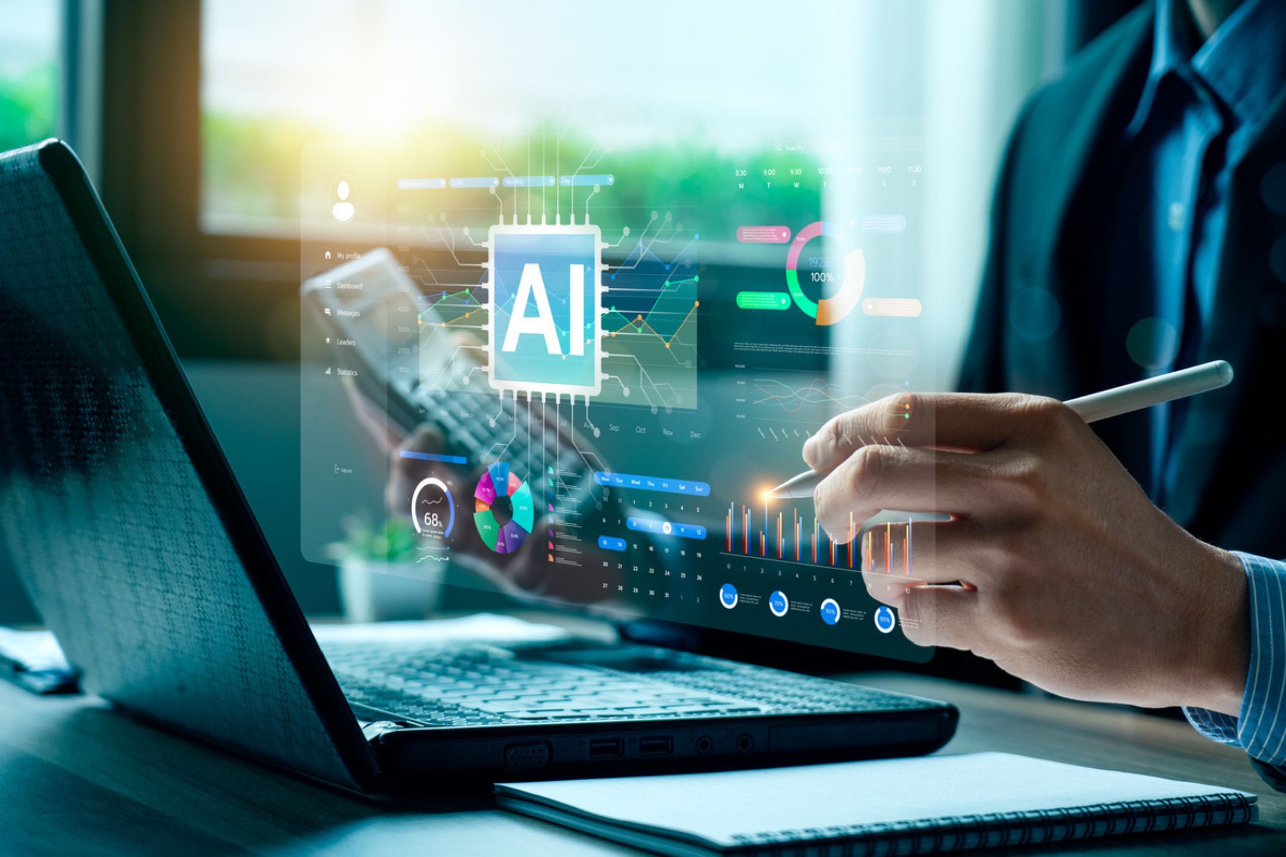 Person using a laptop with virtual graphics displaying AI, charts, and data analytics, suggesting artificial intelligence technology and business performance solutions in a business or tech setting.