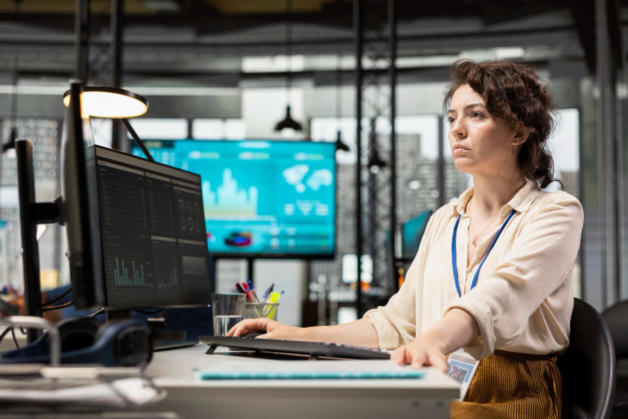 Woman sits at a desk using a computer with data charts on the screen in a modern office, exemplifying technology leadership & AI, with monitors and equipment in the background.
