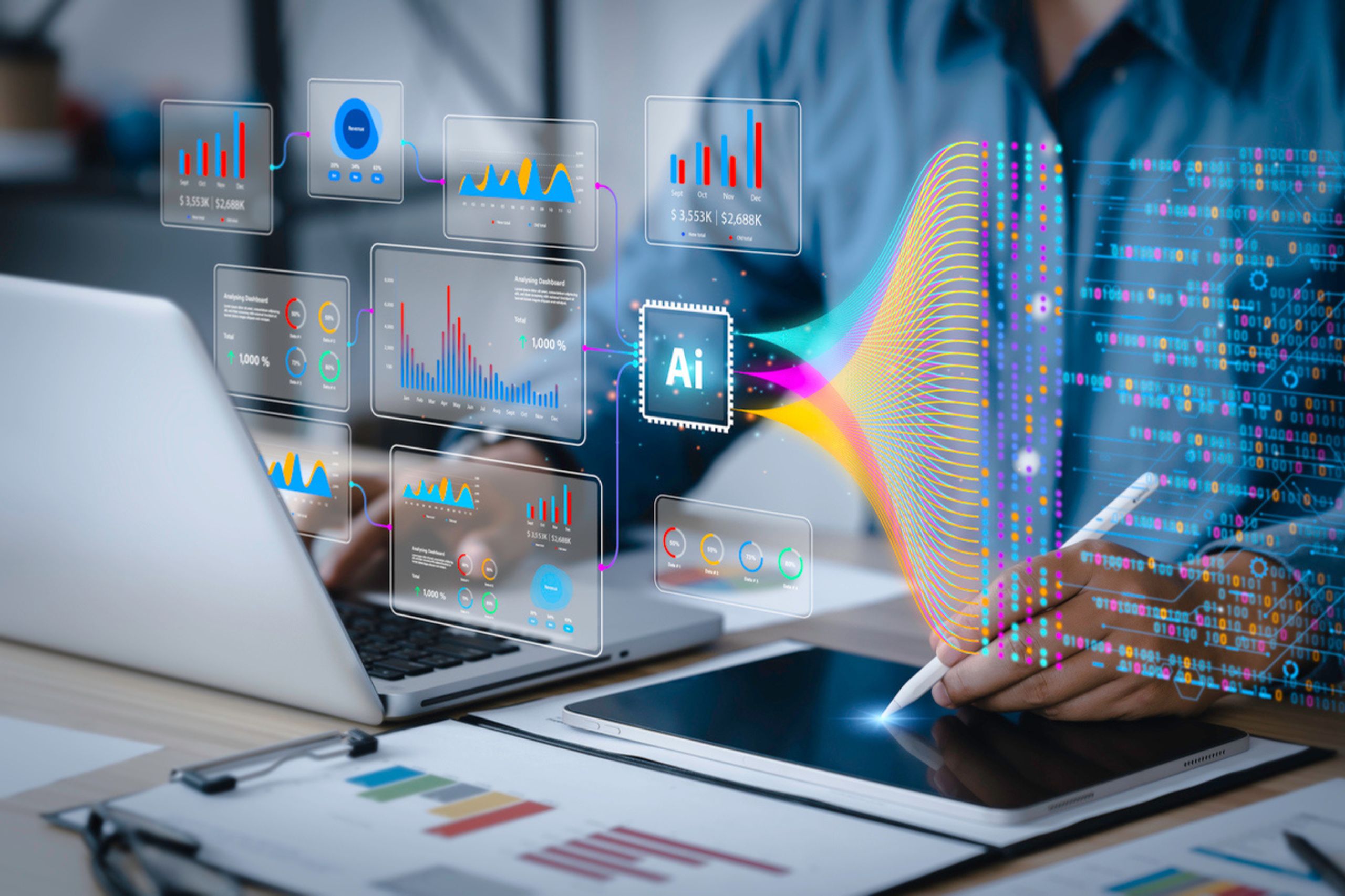 Person analyzing data charts and graphs on a laptop and tablet, with digital AI and data visualization graphics superimposed, illustrating the development of an effective artificial intelligence strategy.