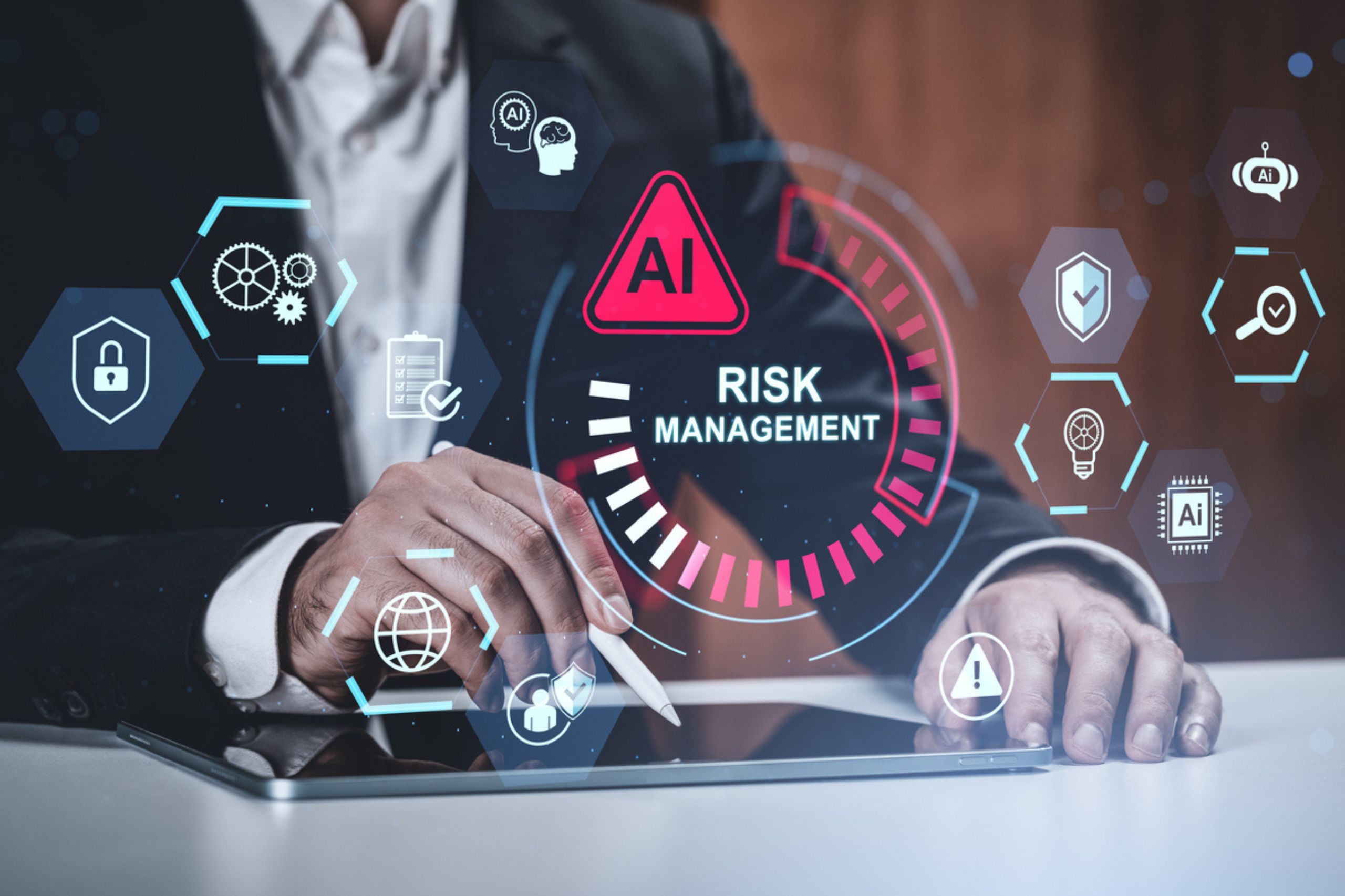 Person using a tablet with virtual graphics displaying "AI Risk Management" and various technology-related icons, symbolizing digital risk assessment as part of an effective artificial intelligence strategy.