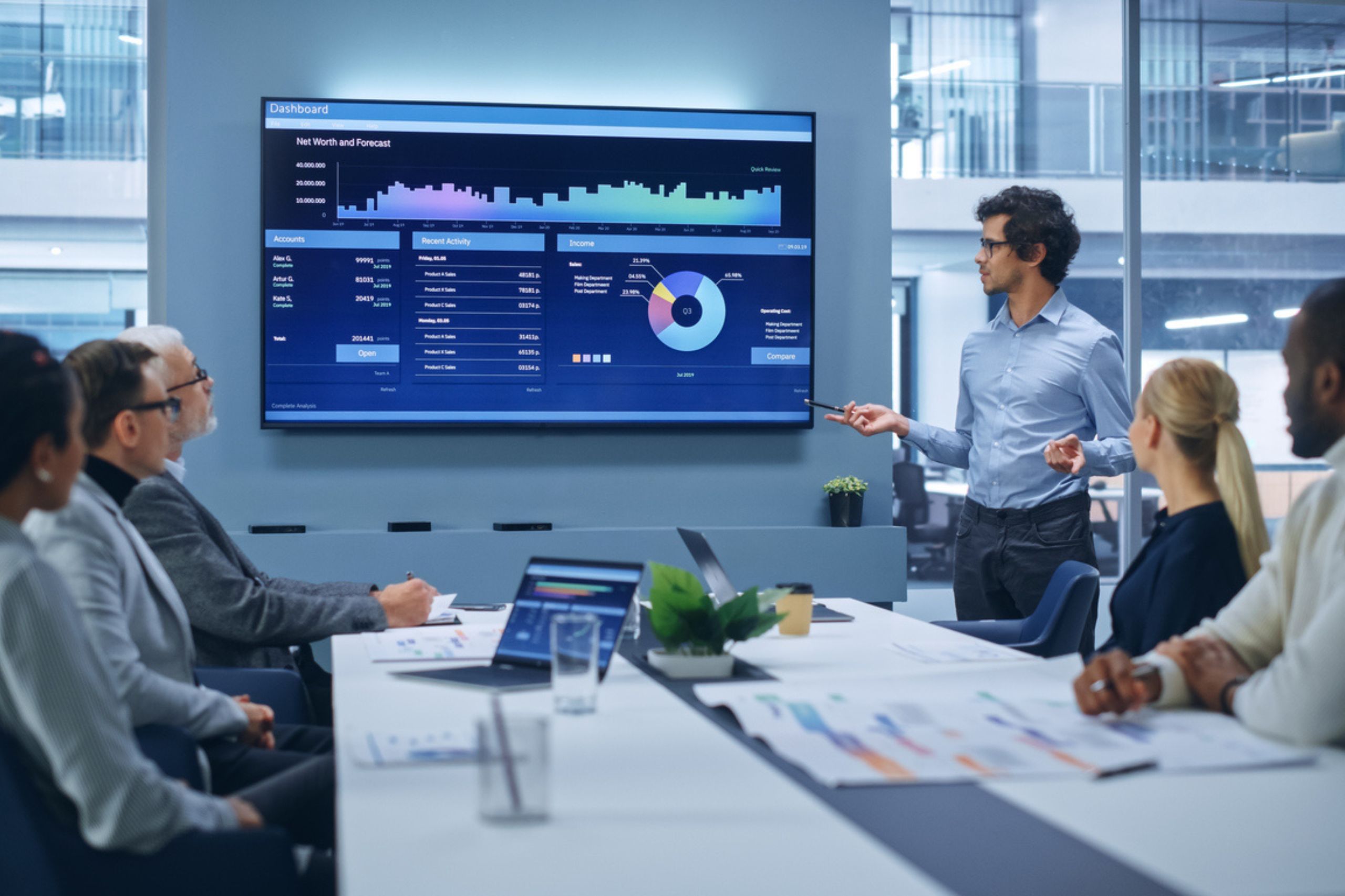 A man in business attire presents data charts on a large screen to colleagues seated around a conference table in a modern office setting, highlighting innovative business performance solutions and the impact of digital transformation for SMEs.